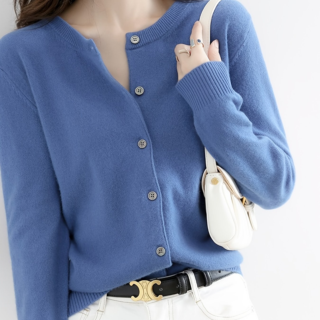 Plus Size Women'S Knitted Cardigan Solid Color Basic Crew Neck Long Sleeve Button Down Cardigan Sweater, L-XXL