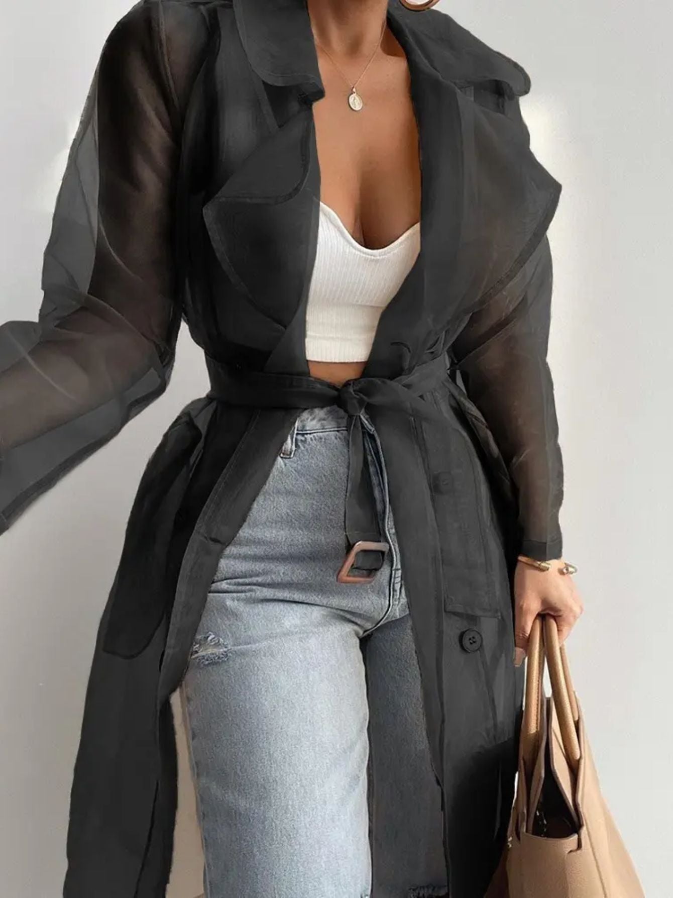 Women'S Elegant Solid Color Double-Breasted Belt Trench Coat Jacket - Long Sleeves, Button- Shirt, Spring Jacket with Golden Buttons, Casual Fashion Style, Regular Fit, Spring Jacket|Y2K Style Jacket|Durable Jacket