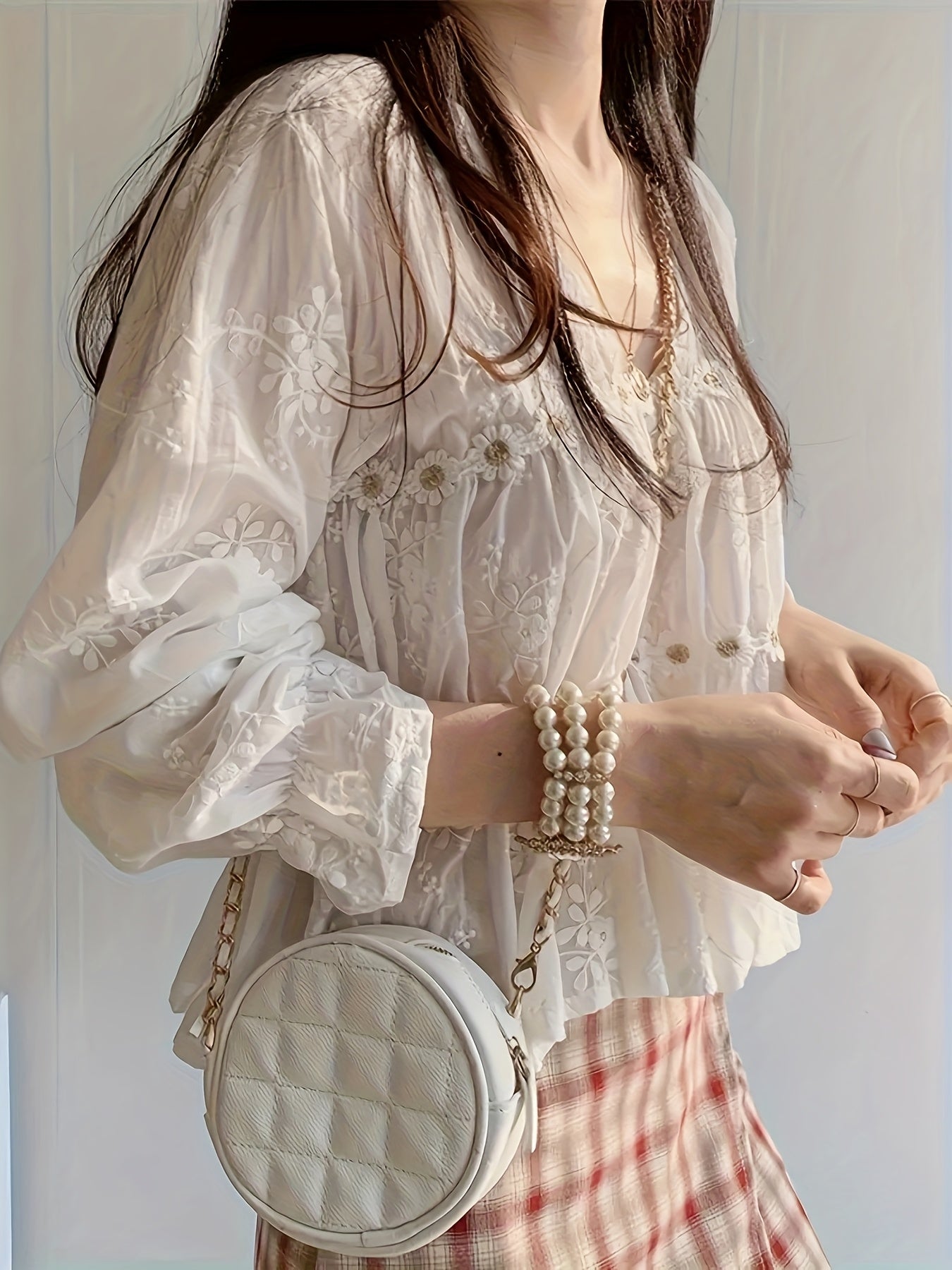 Women's Elegant V-Neck Contrast Lace Floral Embroidery Long Sleeve Loose Casual Shirt Top