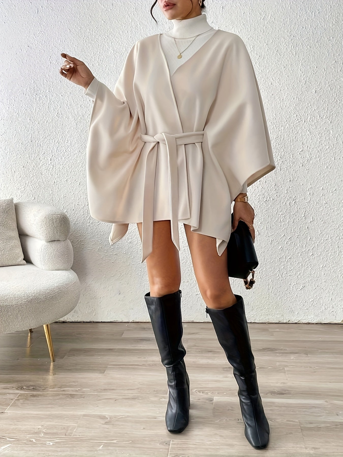 Women's Beige Lace-Up Short Cape Coat - Structured Non-Stretch Machine-Washable Outerwear for Autumn Winter, Chic Commuting & Casual Outfits, Winter Cape Coat, Semiformal Attire, Elegant Design Detail