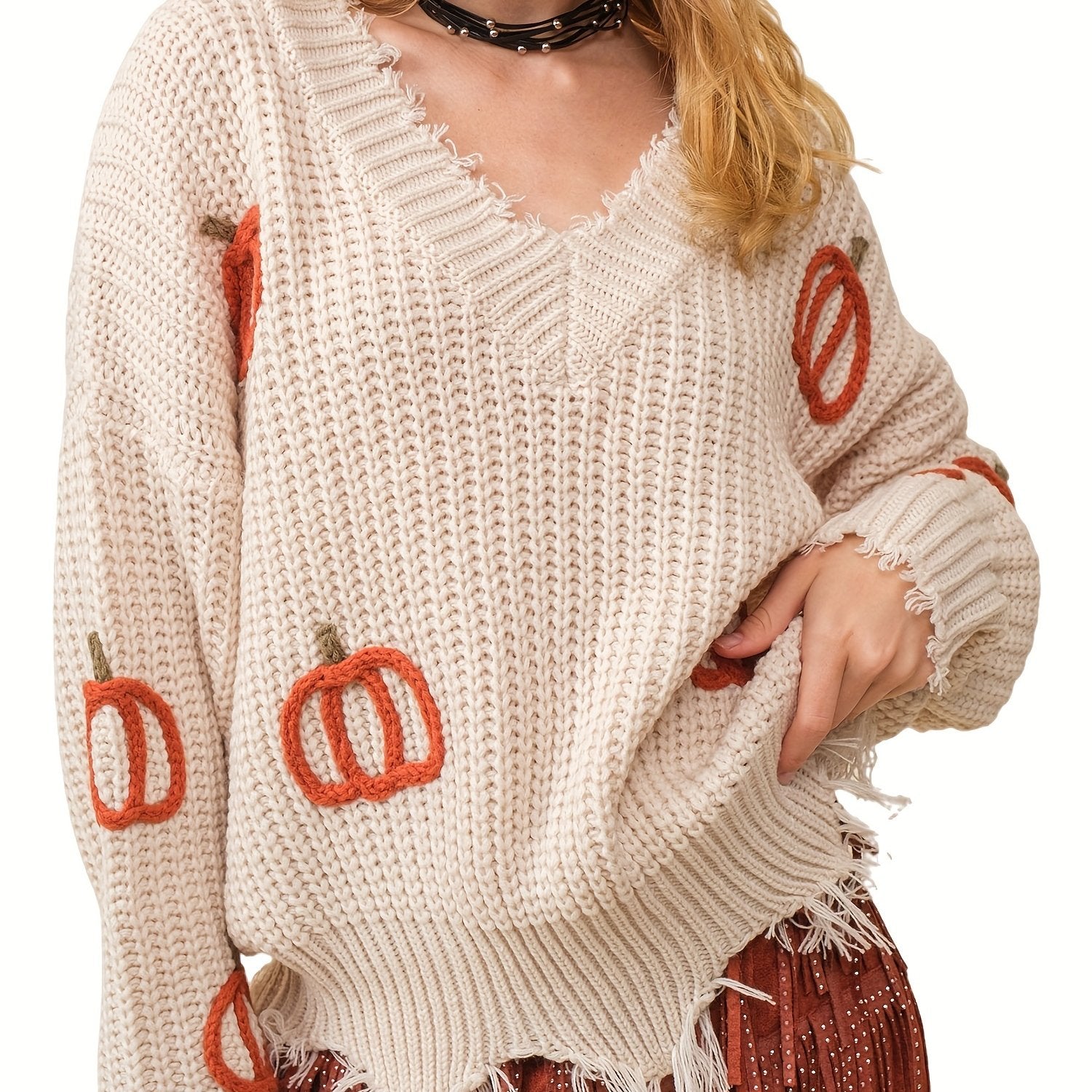 1pc Women'S Casual V-Neck Long Sleeve Pullover Sweater with Pumpkin Pattern, Acrylic Knit Warm Sweater for Fall\u002FWinter