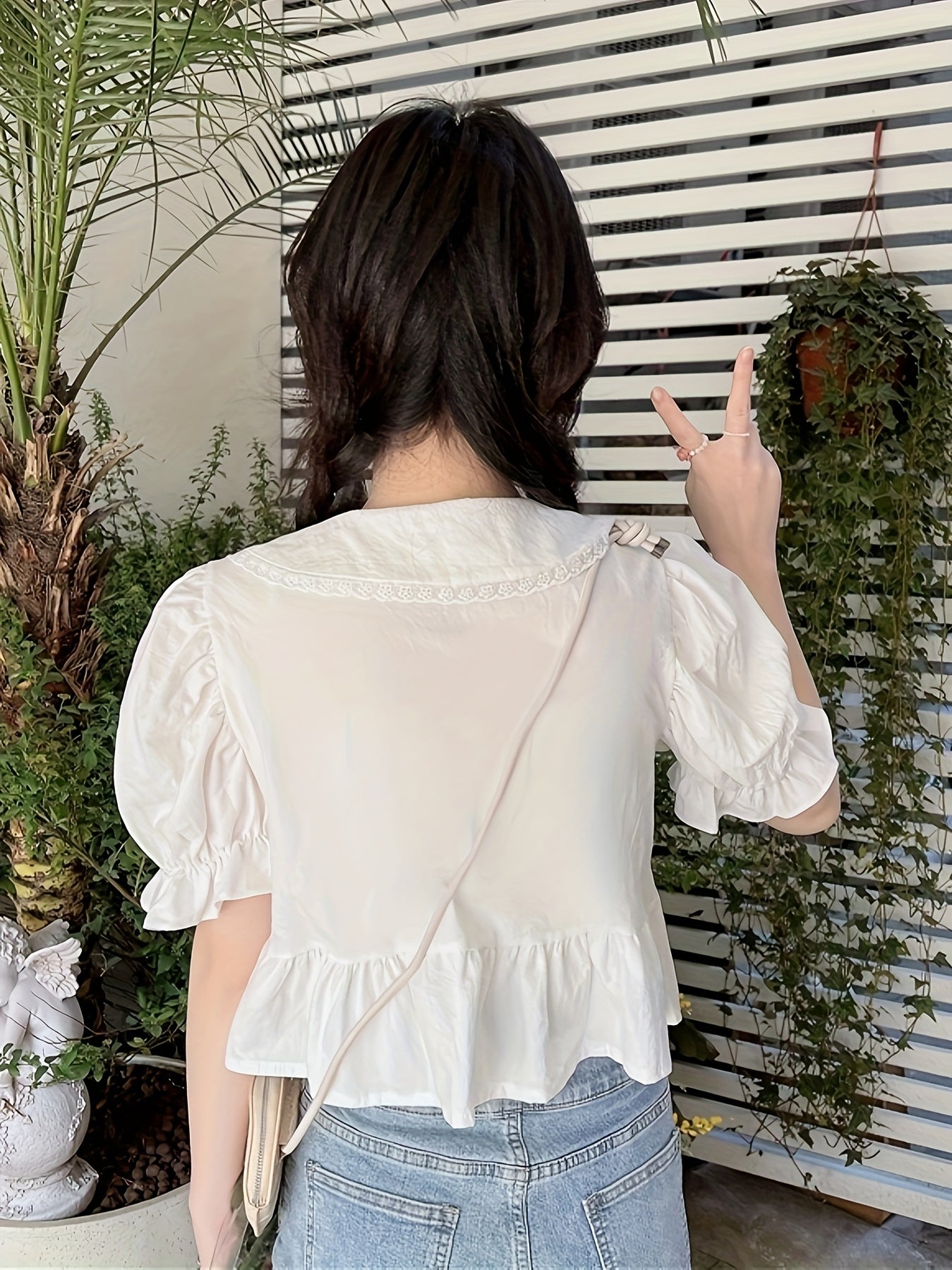 Chic French-Inspired Doll Collar Blouse for Women - Cute Short Sleeve Shirt with Ruffled Cuffs, Button-Up Front, and Flowing Hem, Perfect for Spring & Summer, Machine Washable, White