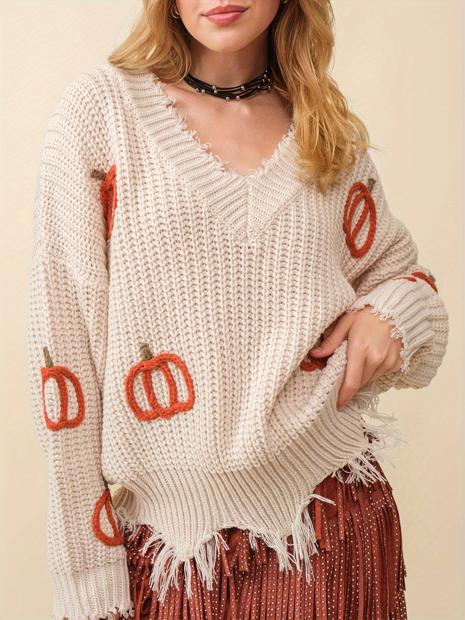 1pc Women'S Casual V-Neck Long Sleeve Pullover Sweater with Pumpkin Pattern, Acrylic Knit Warm Sweater for Fall\u002FWinter