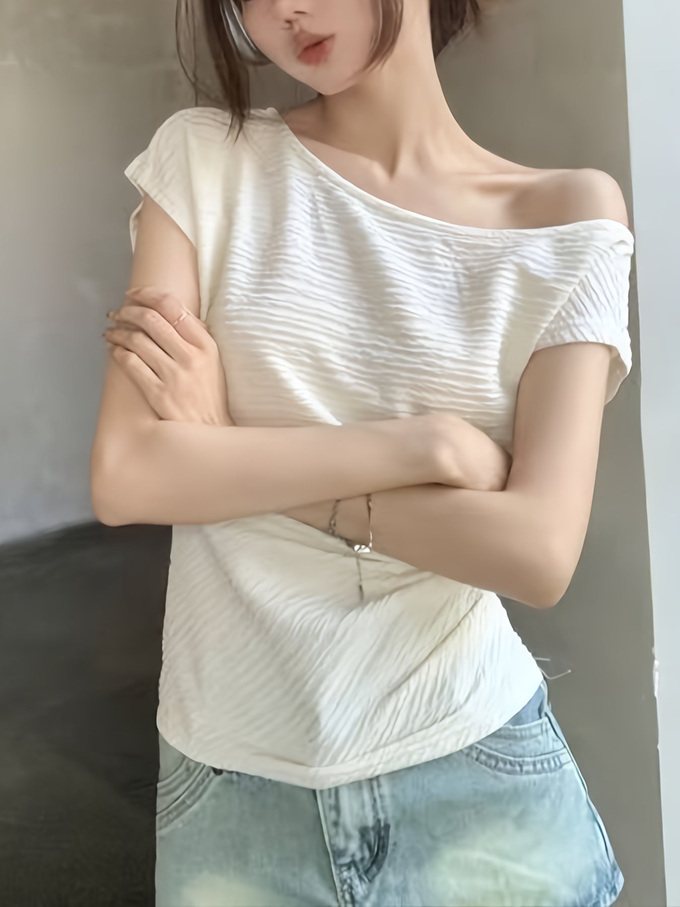Women'S Off-Shoulder Ribbed Top - Y2K Style, Slim Fit, Short Sleeve, Solid Color, Lightweight & Breathable for Spring\u002FSummer Casual Wear, Spring Summer Apparel | Y2K Fashion | Glossy Texture