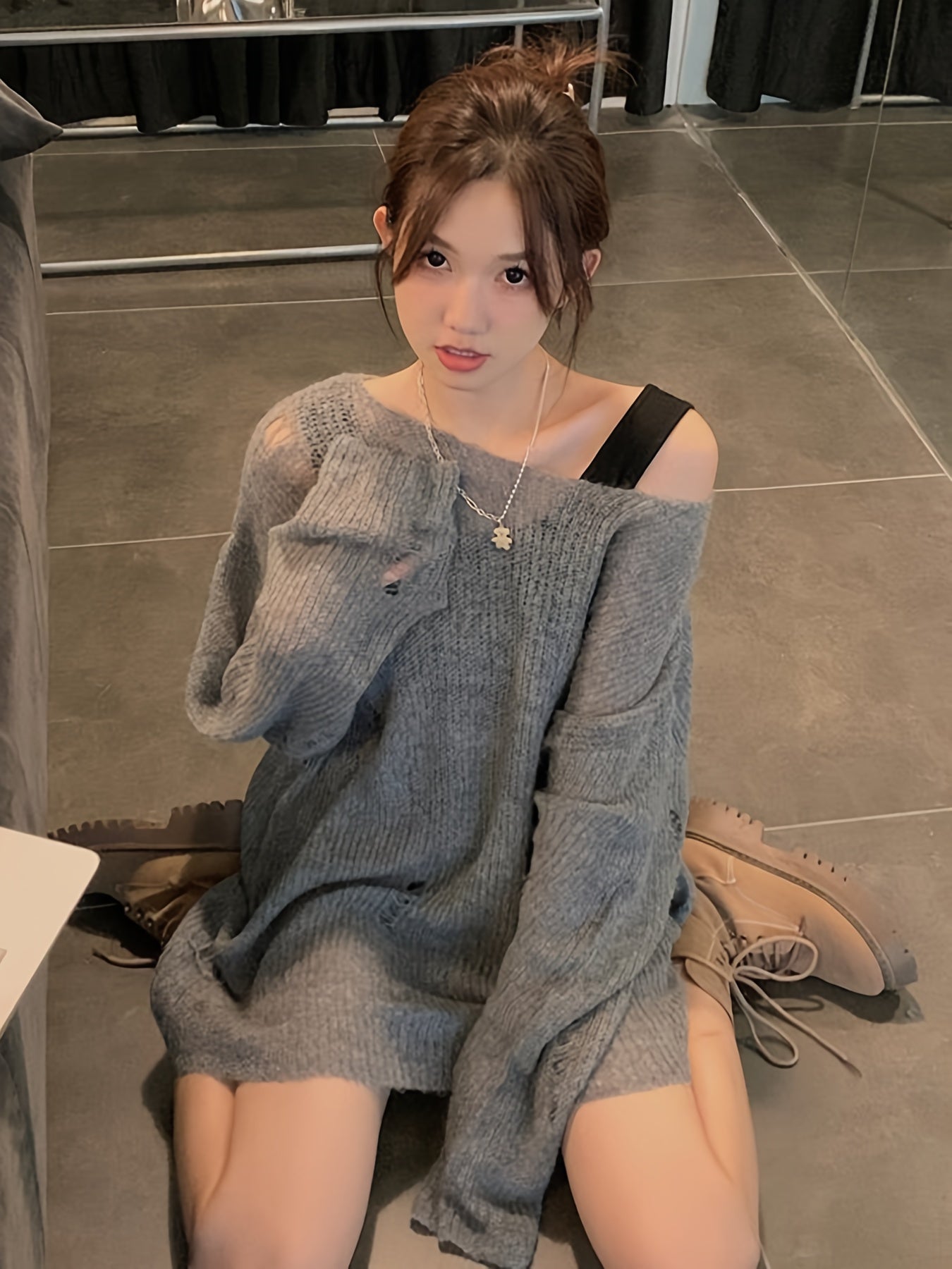 Women's Fluffy Off-Shoulder Sweater - Solid Color, Loose Fit, Ripped Long Sleeve Knitwear for Summer and Fall Streetwear