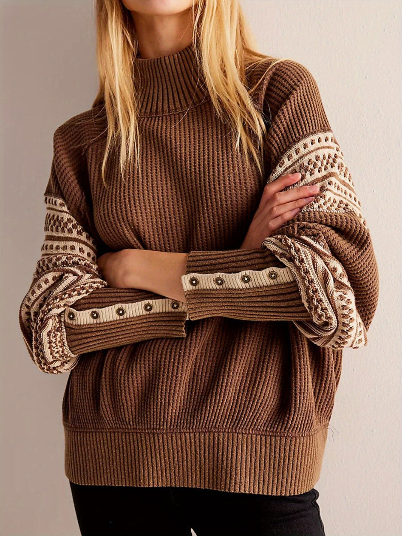 Women'S Color-Blocked Striped Sweater - Semi-High Neck Loose Fit Pullover with Ribbed Cuffs, All-Season Casual & Commuting Top, European-American Style H-Line Silhouette, Cute Sweater, Commuting Attire, Colorblock Design, Textured Fabric