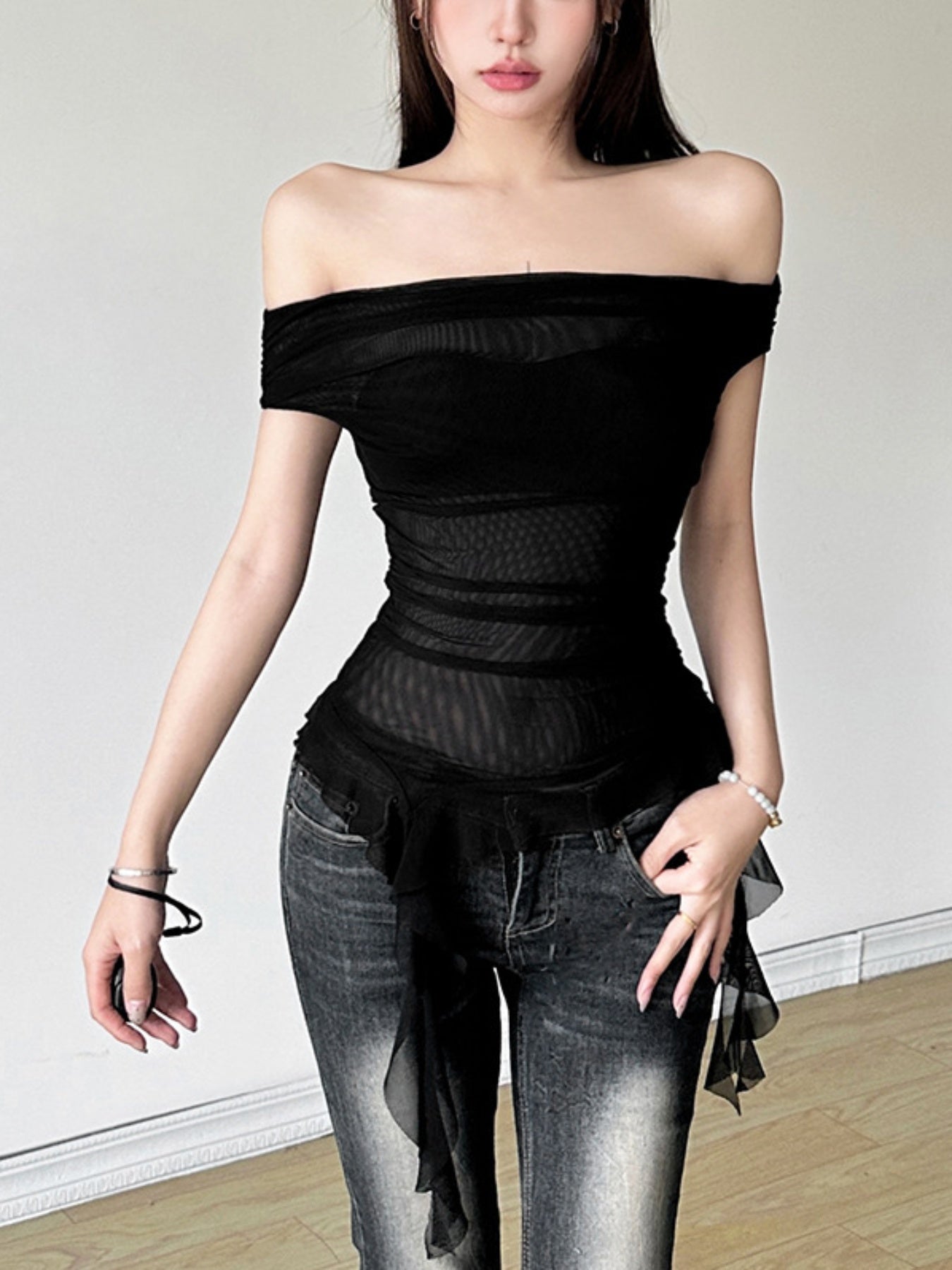 Women Off Shoulder Tops Solid Color Mesh Sheer Boat Neck Casual T-Shirts Summer Ruffles Slim Fit Shirts Streetwear