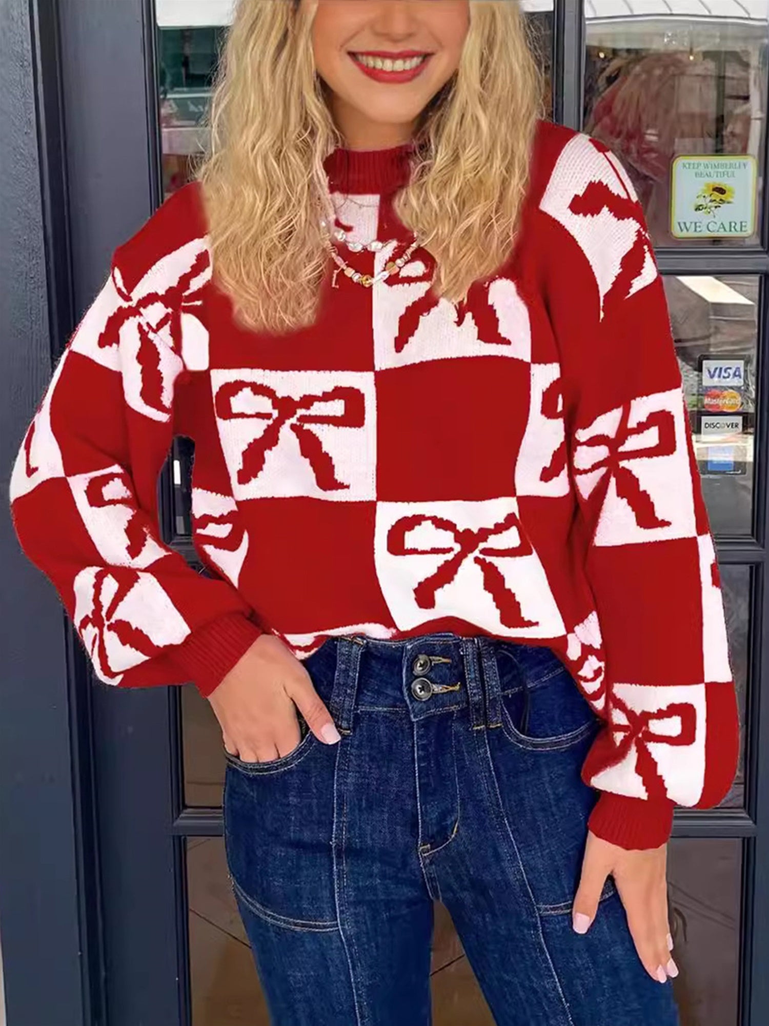 1pc Women'S Casual Crew Neck Knit Sweater - Polyester Long Sleeve Ribbed Top with Checkered Bow Pattern for Fall\u002FWinter