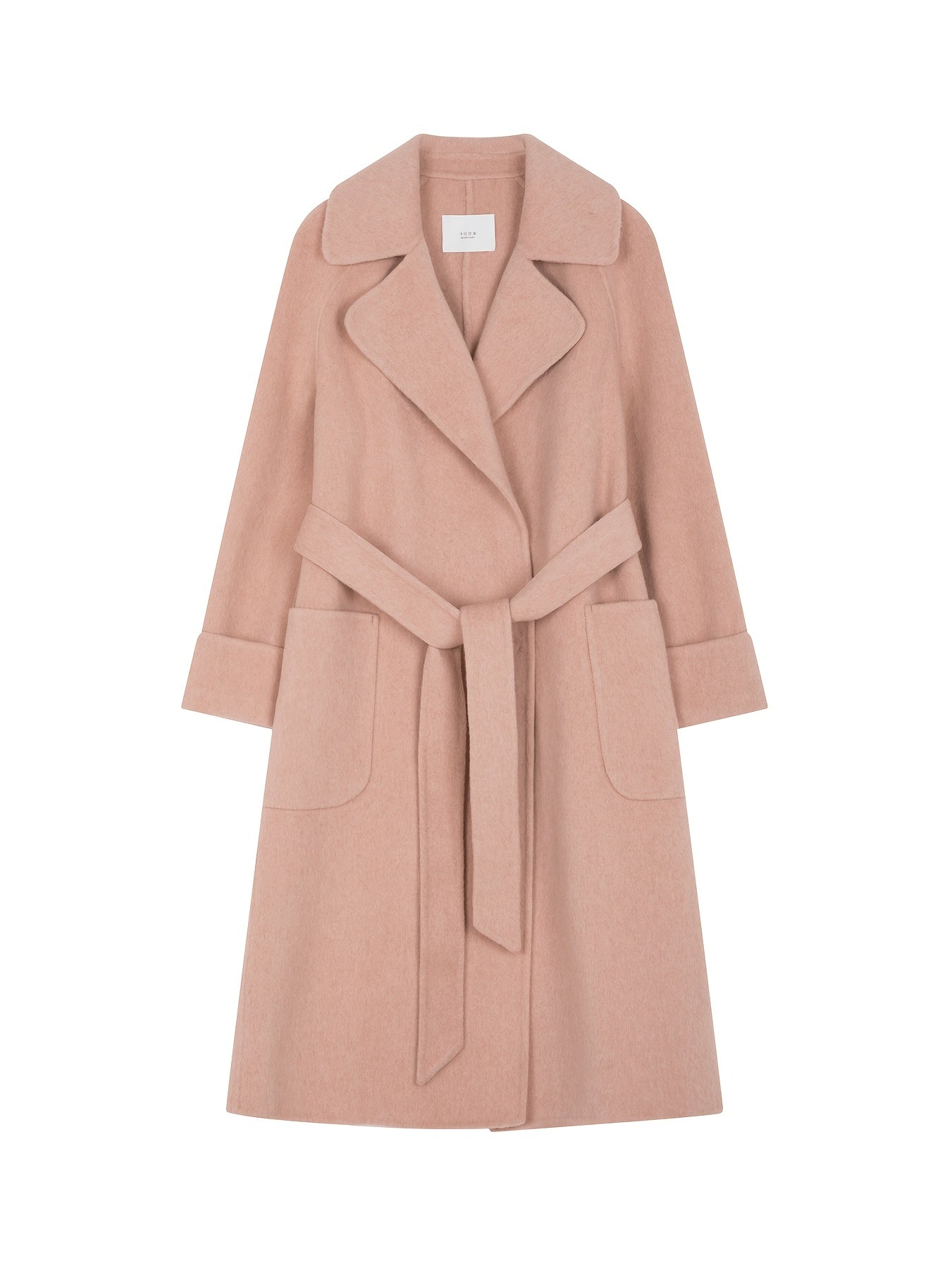 Women'S Wool Blend Long Trench Coat with Tie Waist, Solid Color, Regular Fit, H-Line Silhouette, Double-Breasted, Long Sleeve, Winter Season, Belted, No Padding, Straight Cut Sleeves