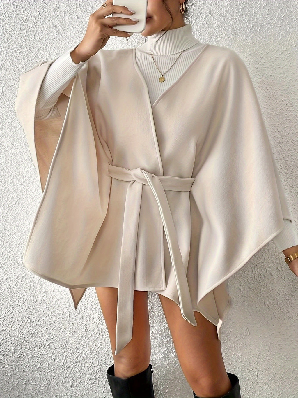 Women's Beige Lace-Up Short Cape Coat - Structured Non-Stretch Machine-Washable Outerwear for Autumn Winter, Chic Commuting & Casual Outfits, Winter Cape Coat, Semiformal Attire, Elegant Design Detail