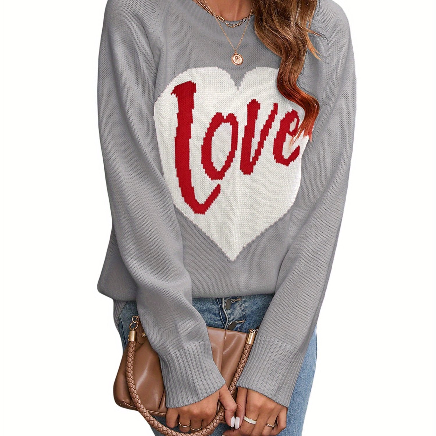 1pc Vintage Style Women'S Knit Sweater with Heart-Shaped \
