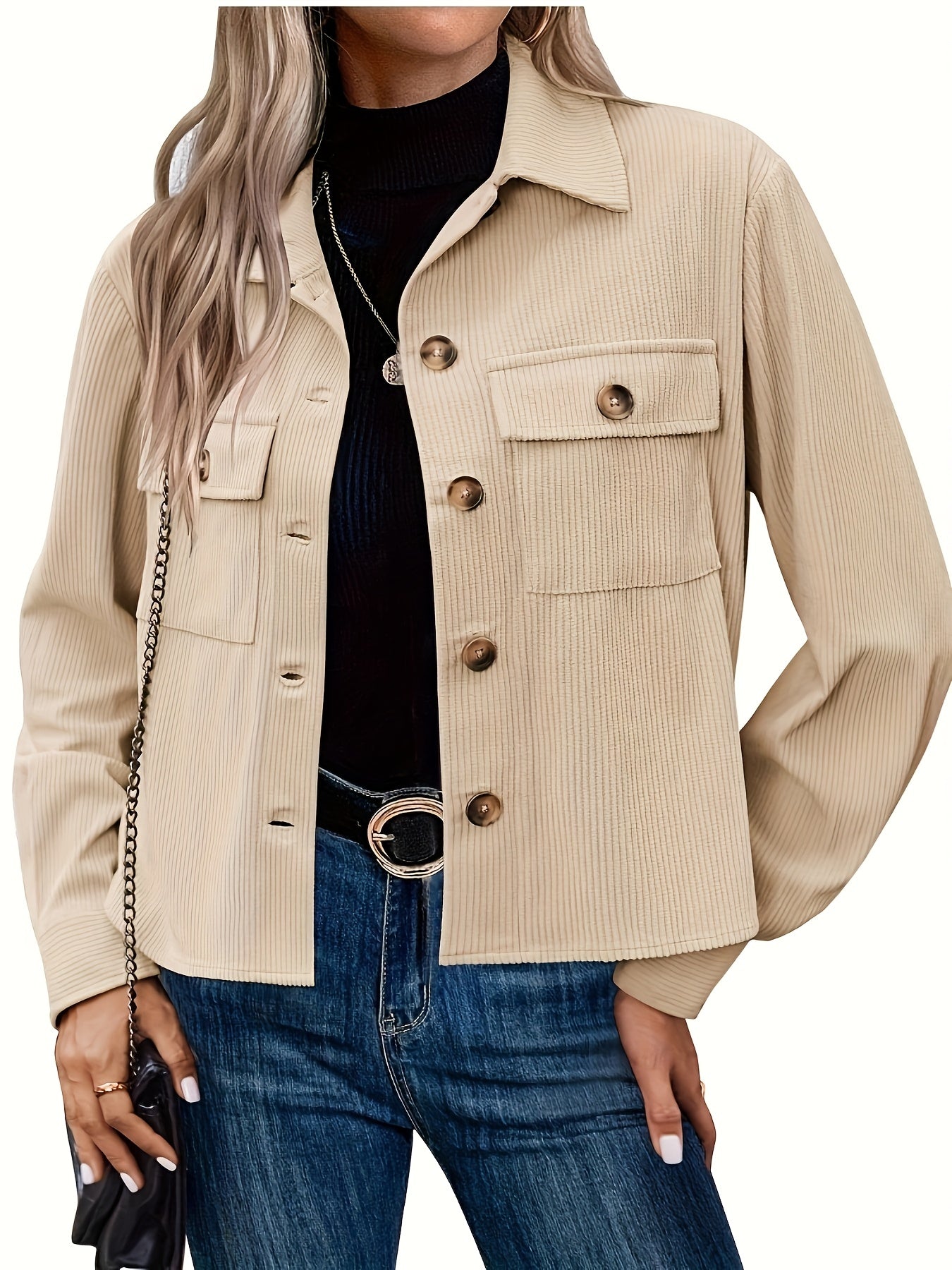 Women'S Stylish Short Corduroy Jacket With Loose Long Sleeves
