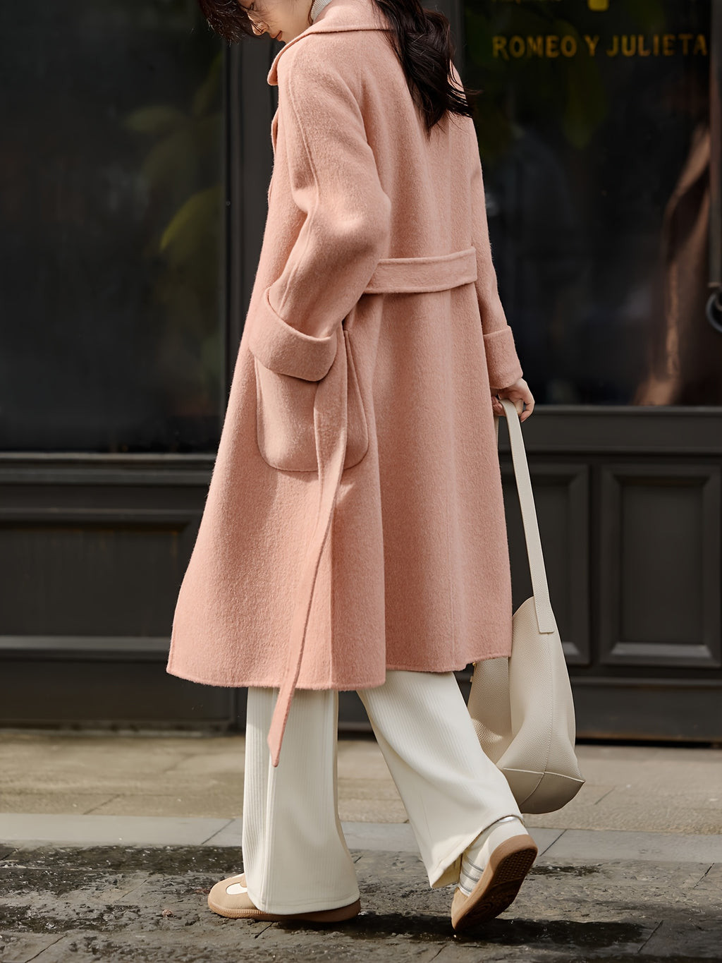 Women'S Wool Blend Long Trench Coat with Tie Waist, Solid Color, Regular Fit, H-Line Silhouette, Double-Breasted, Long Sleeve, Winter Season, Belted, No Padding, Straight Cut Sleeves