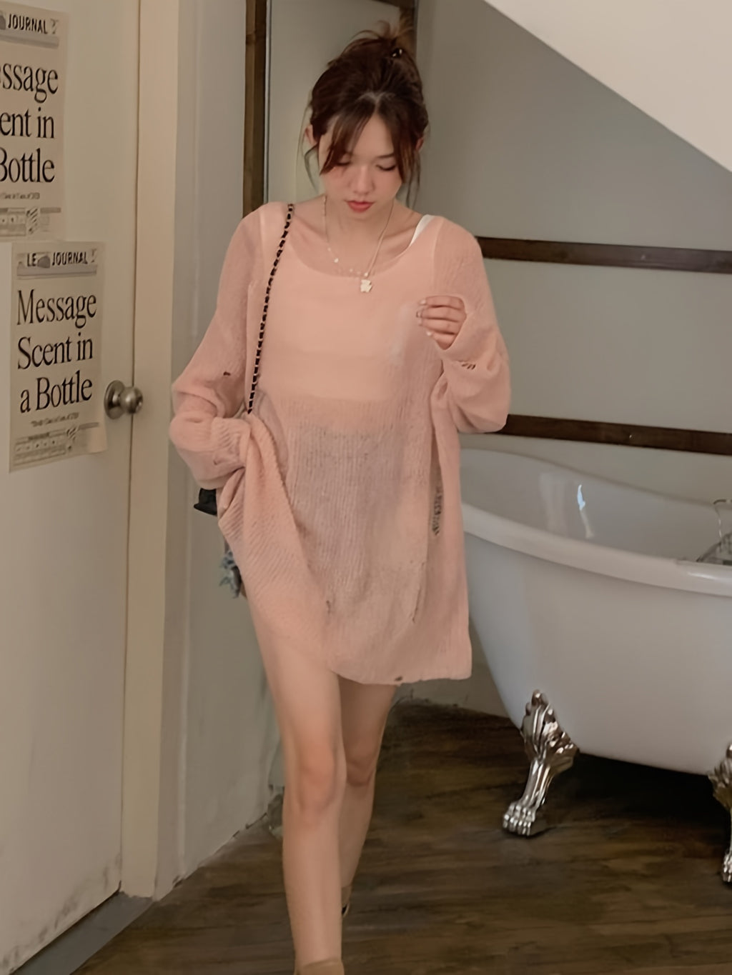 Women's Fluffy Off-Shoulder Sweater - Solid Color, Loose Fit, Ripped Long Sleeve Knitwear for Summer and Fall Streetwear