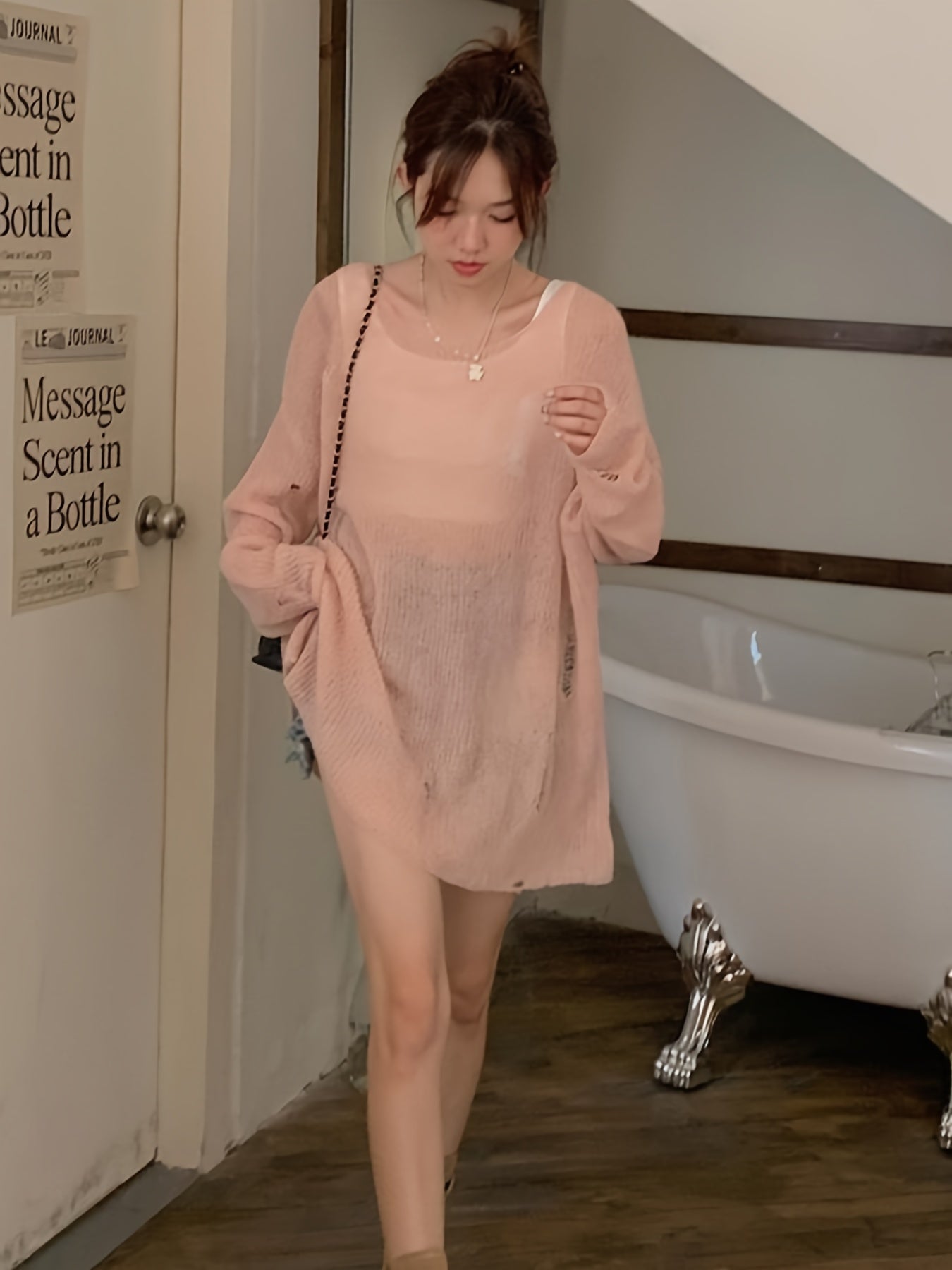 Women's Fluffy Off-Shoulder Sweater - Solid Color, Loose Fit, Ripped Long Sleeve Knitwear for Summer and Fall Streetwear