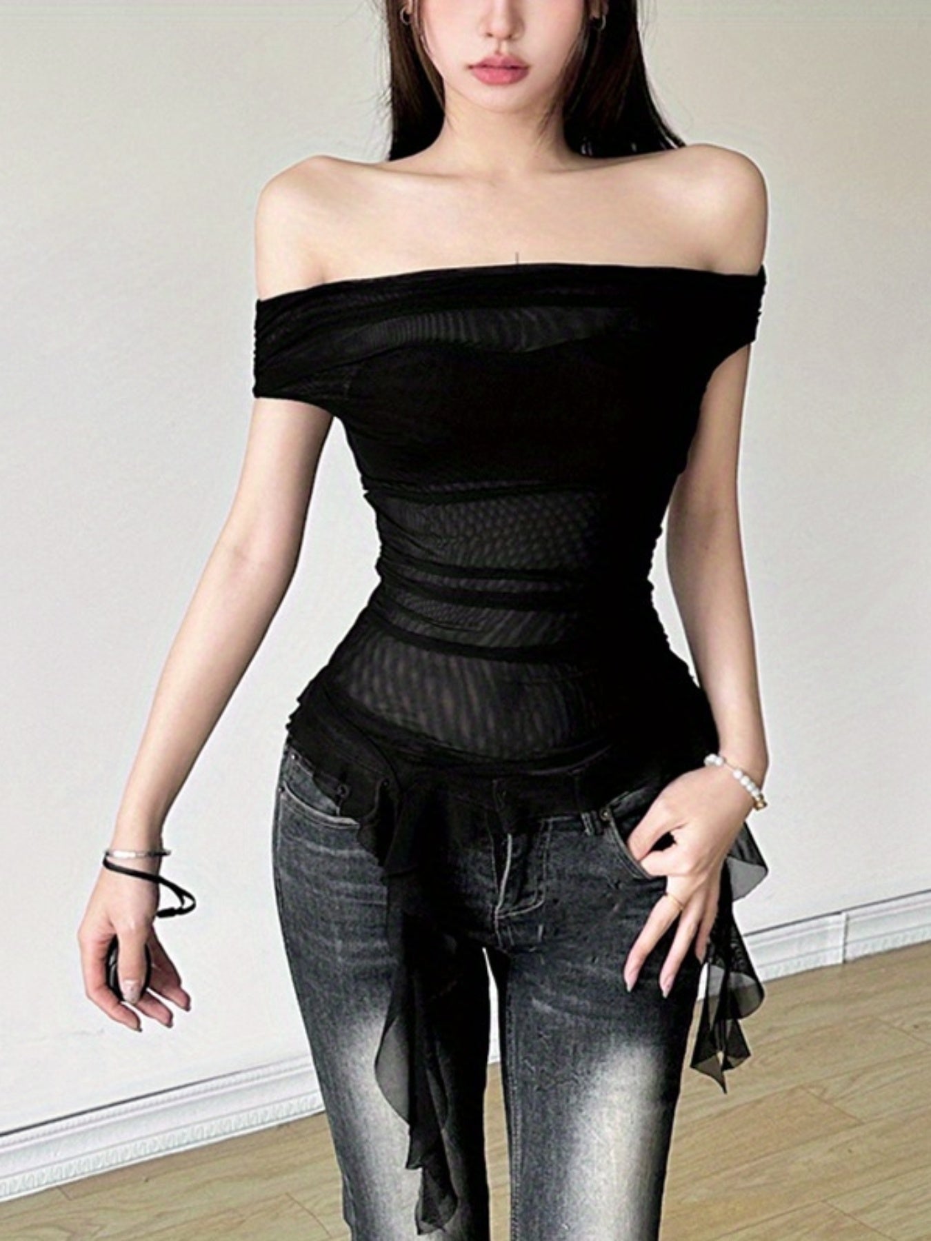 Women Off Shoulder Tops Solid Color Mesh Sheer Boat Neck Casual T-Shirts Summer Ruffles Slim Fit Shirts Streetwear