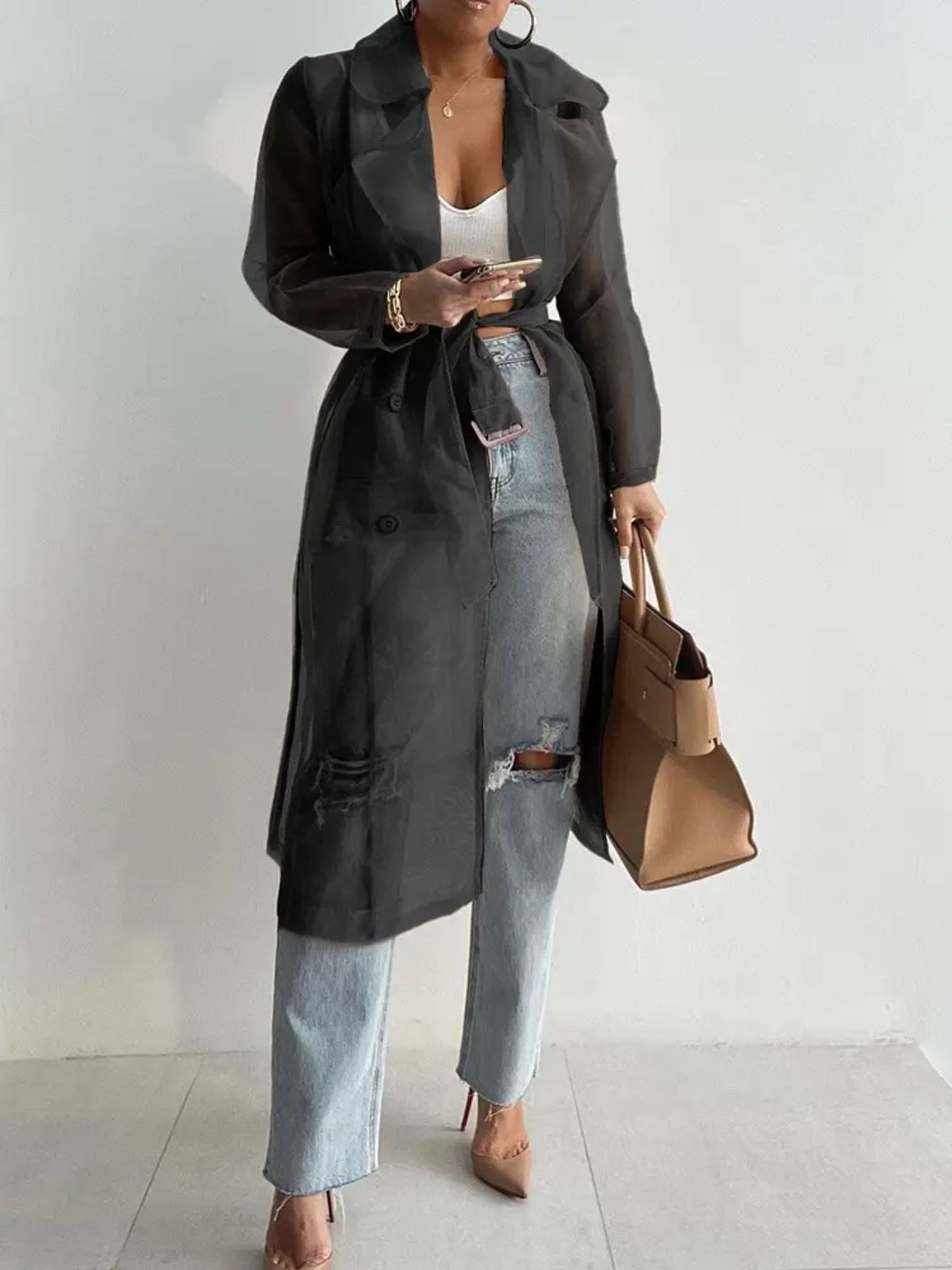 Women'S Elegant Solid Color Double-Breasted Belt Trench Coat Jacket - Long Sleeves, Button- Shirt, Spring Jacket with Golden Buttons, Casual Fashion Style, Regular Fit, Spring Jacket|Y2K Style Jacket|Durable Jacket
