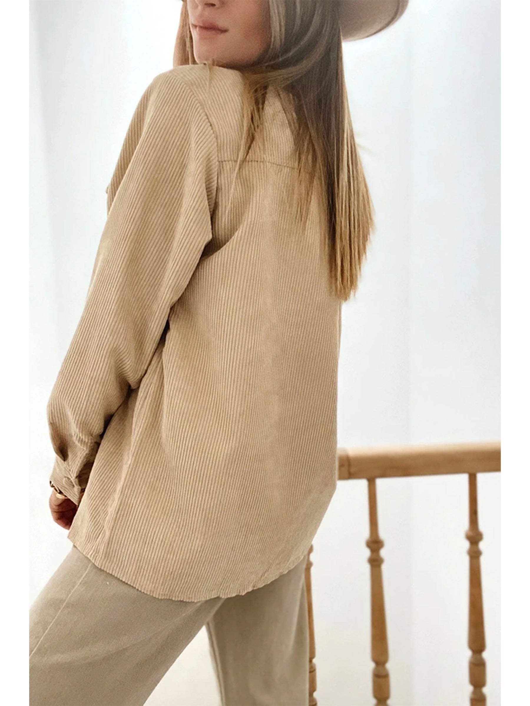 Womens Corduroy Sherpa Jackets Button Long Sleeve Fleece Outwear Coat with Pockets