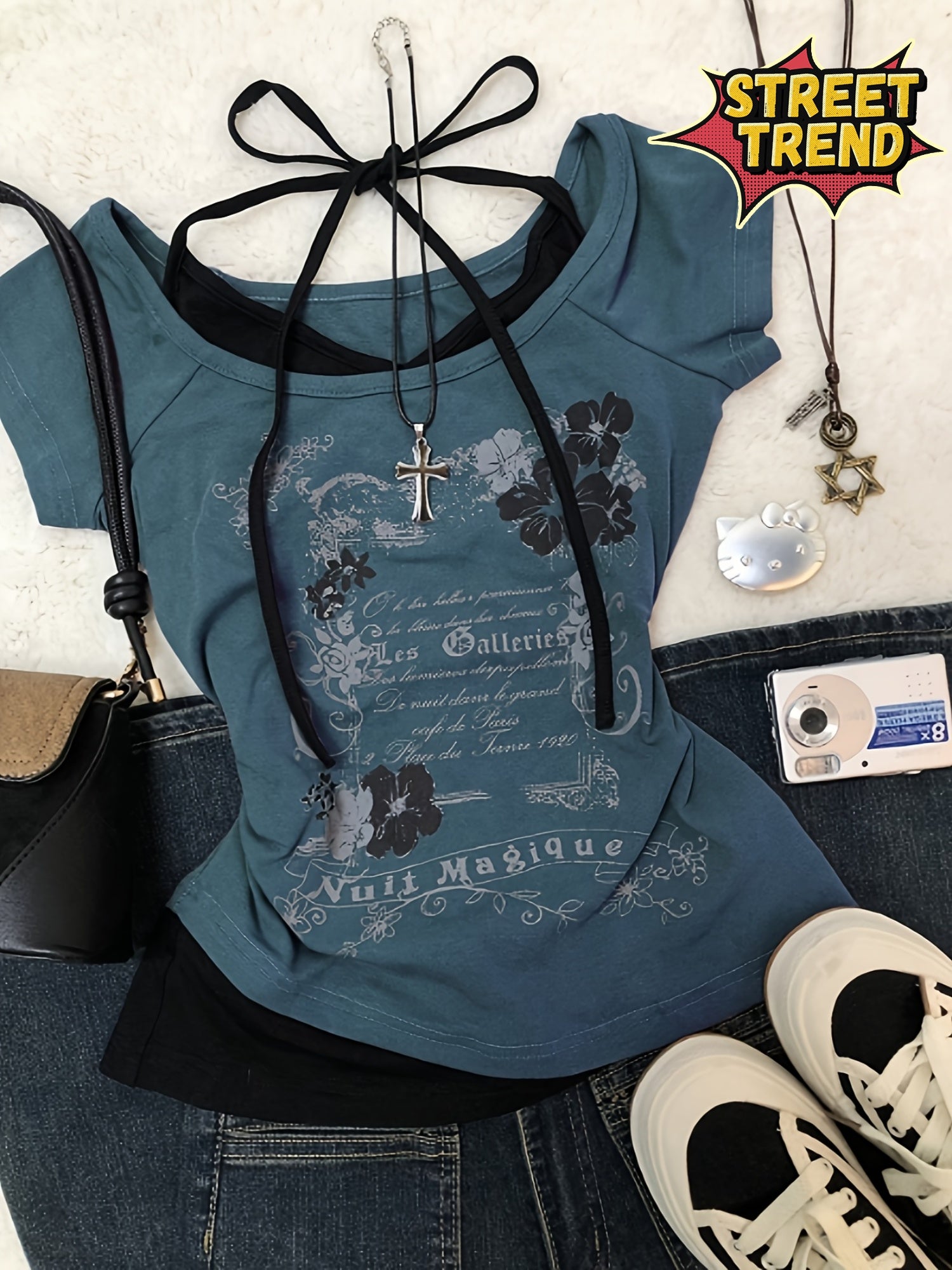 Y2K Spicy Off-Shoulder Top: Eye-catching off-shoulder design with Y2K elements and chic necklace detail. The print pairs perfectly with denim for a retro streetwear look, ideal for creating a trendy style