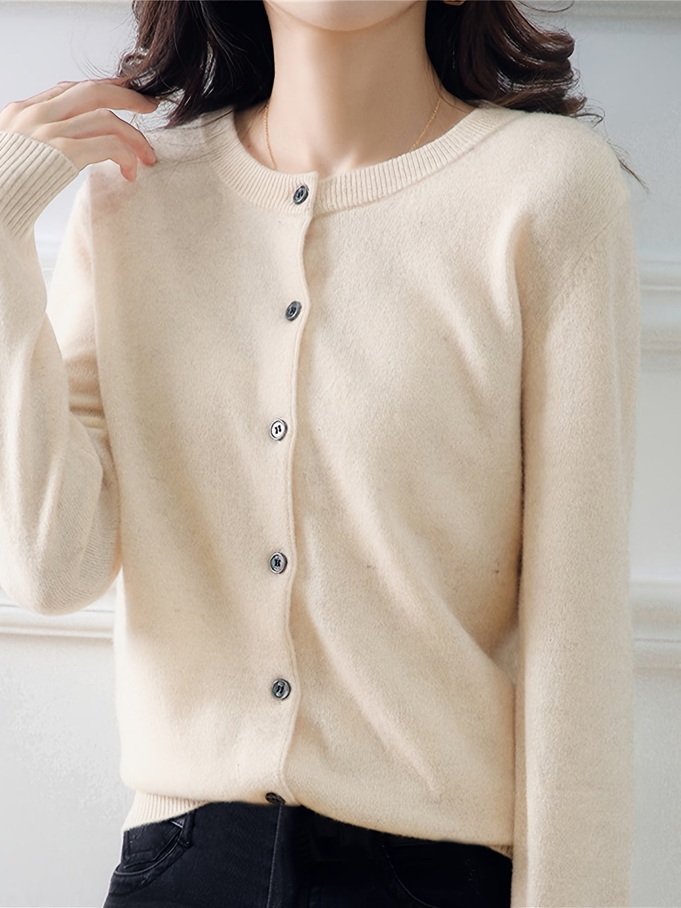 Plus Size Women'S Knitted Cardigan Solid Color Basic Crew Neck Long Sleeve Button Down Cardigan Sweater, L-XXL