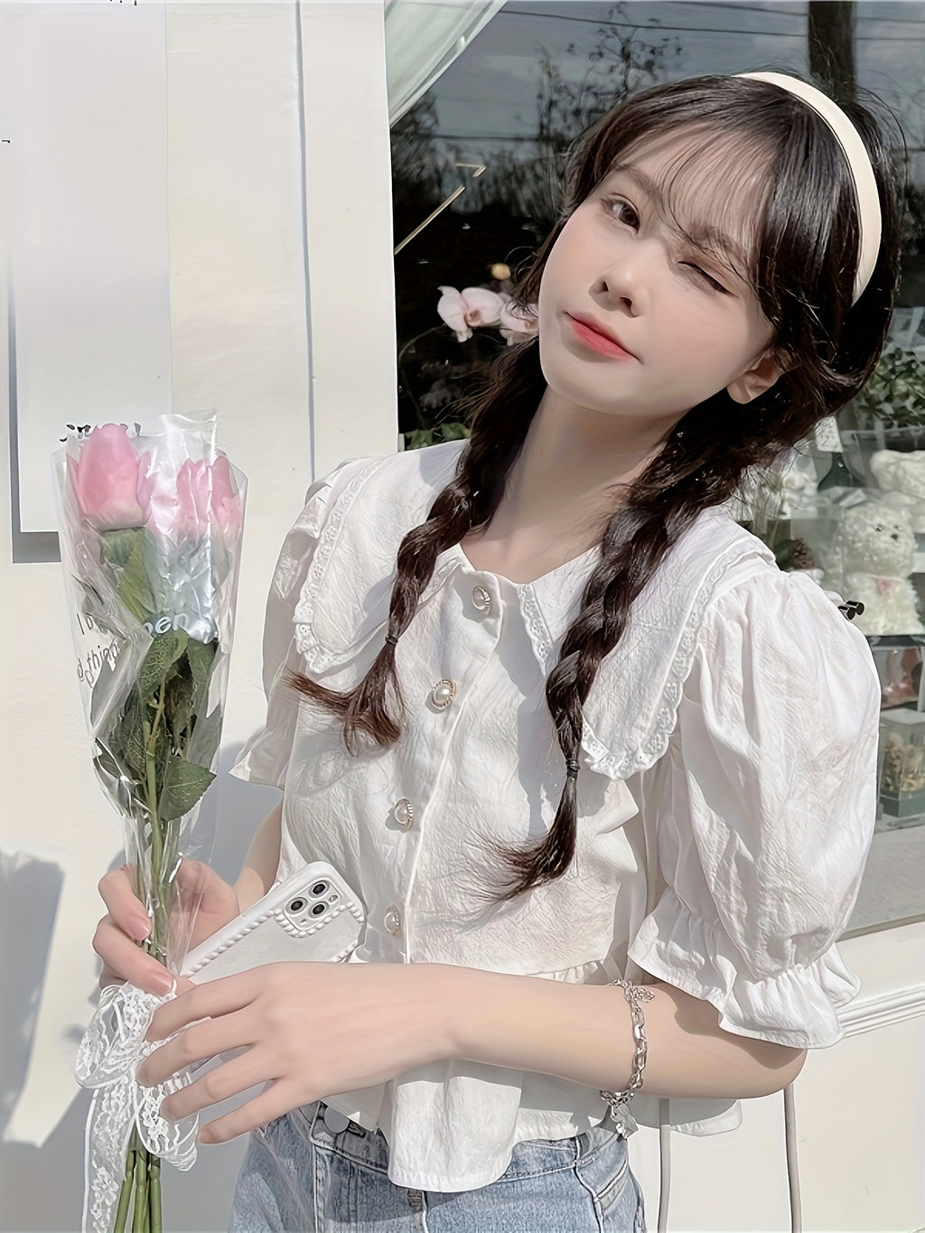 Chic French-Inspired Doll Collar Blouse for Women - Cute Short Sleeve Shirt with Ruffled Cuffs, Button-Up Front, and Flowing Hem, Perfect for Spring & Summer, Machine Washable, White