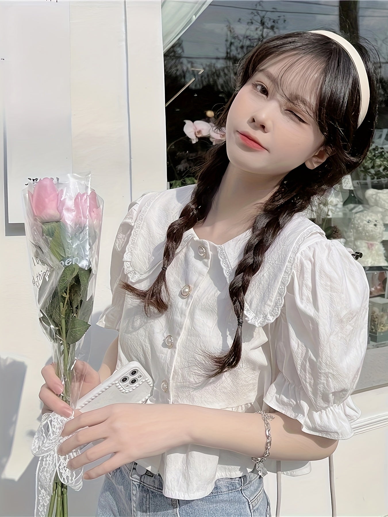 Chic French-Inspired Doll Collar Blouse for Women - Cute Short Sleeve Shirt with Ruffled Cuffs, Button-Up Front, and Flowing Hem, Perfect for Spring & Summer, Machine Washable, White
