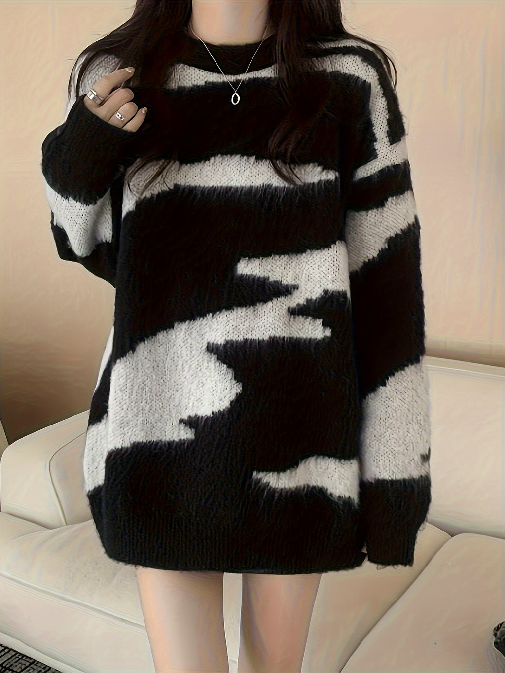 Color Block Zebra Print Plush Sweater - Autumn\u002FWinter Casual Street Fashion Versatile Women's Pullover