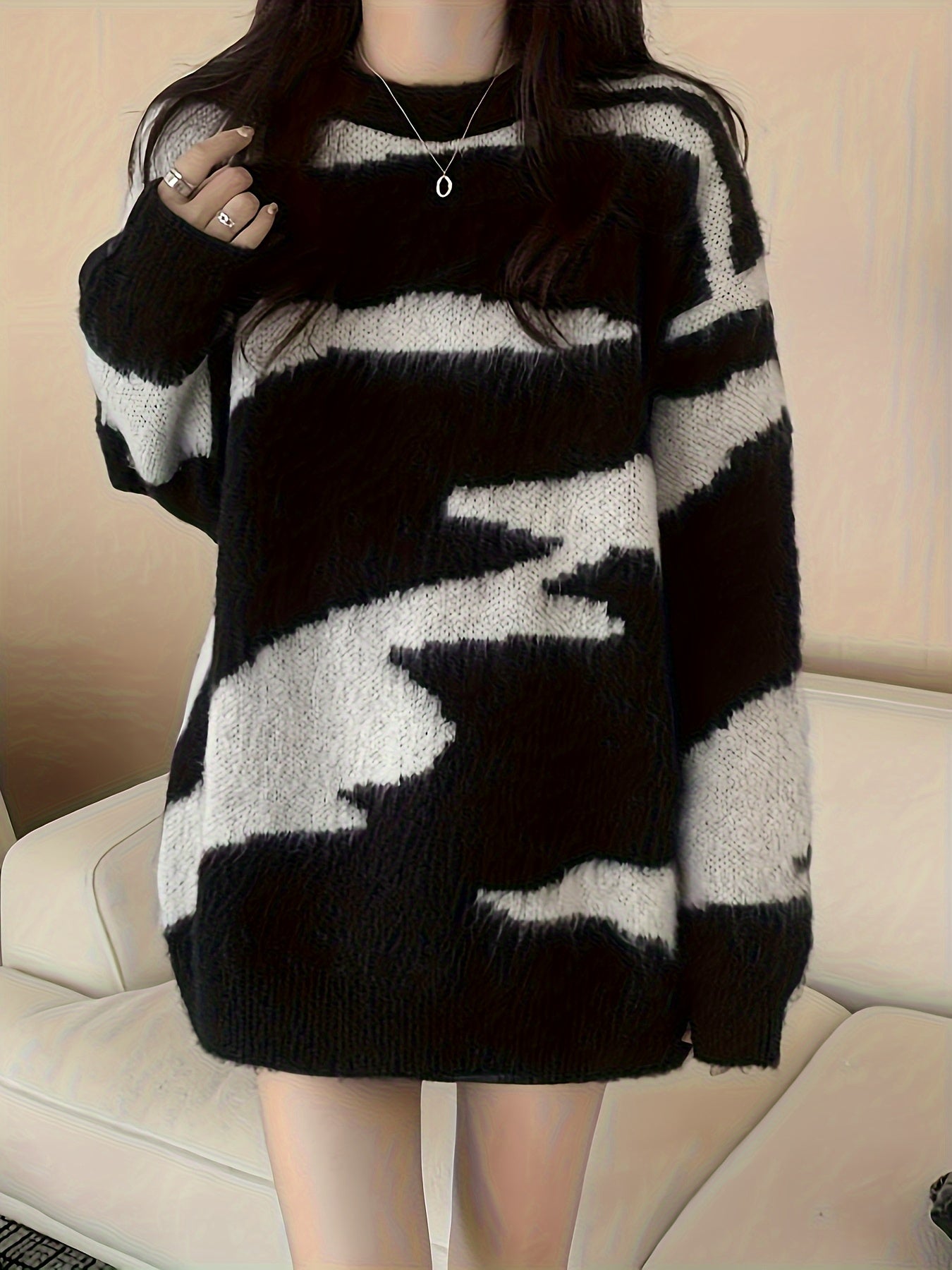 Color Block Zebra Print Plush Sweater - Autumn\u002FWinter Casual Street Fashion Versatile Women's Pullover