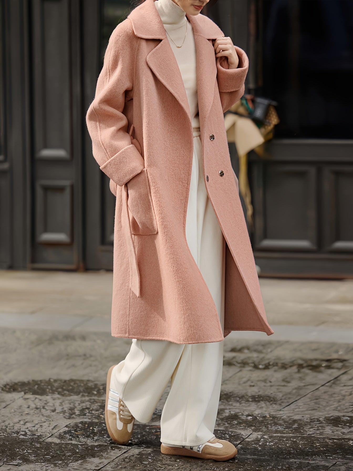 Women'S Wool Blend Long Trench Coat with Tie Waist, Solid Color, Regular Fit, H-Line Silhouette, Double-Breasted, Long Sleeve, Winter Season, Belted, No Padding, Straight Cut Sleeves
