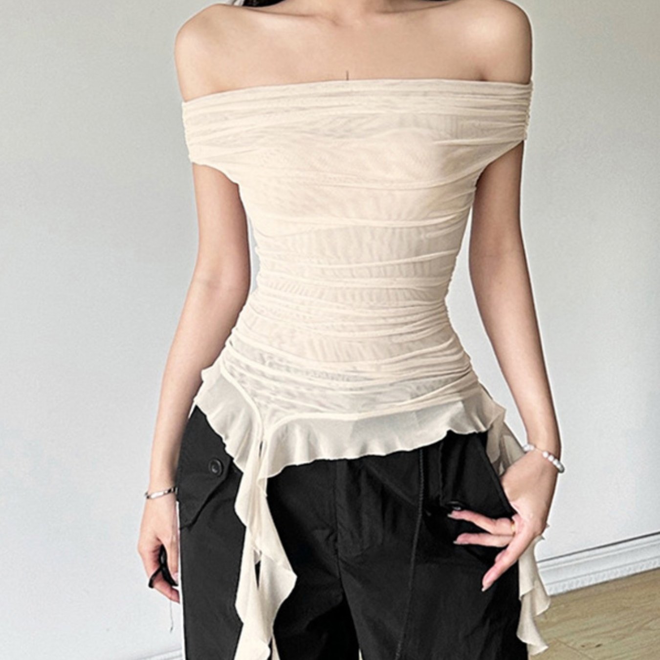 Women Off Shoulder Tops Solid Color Mesh Sheer Boat Neck Casual T-Shirts Summer Ruffles Slim Fit Shirts Streetwear