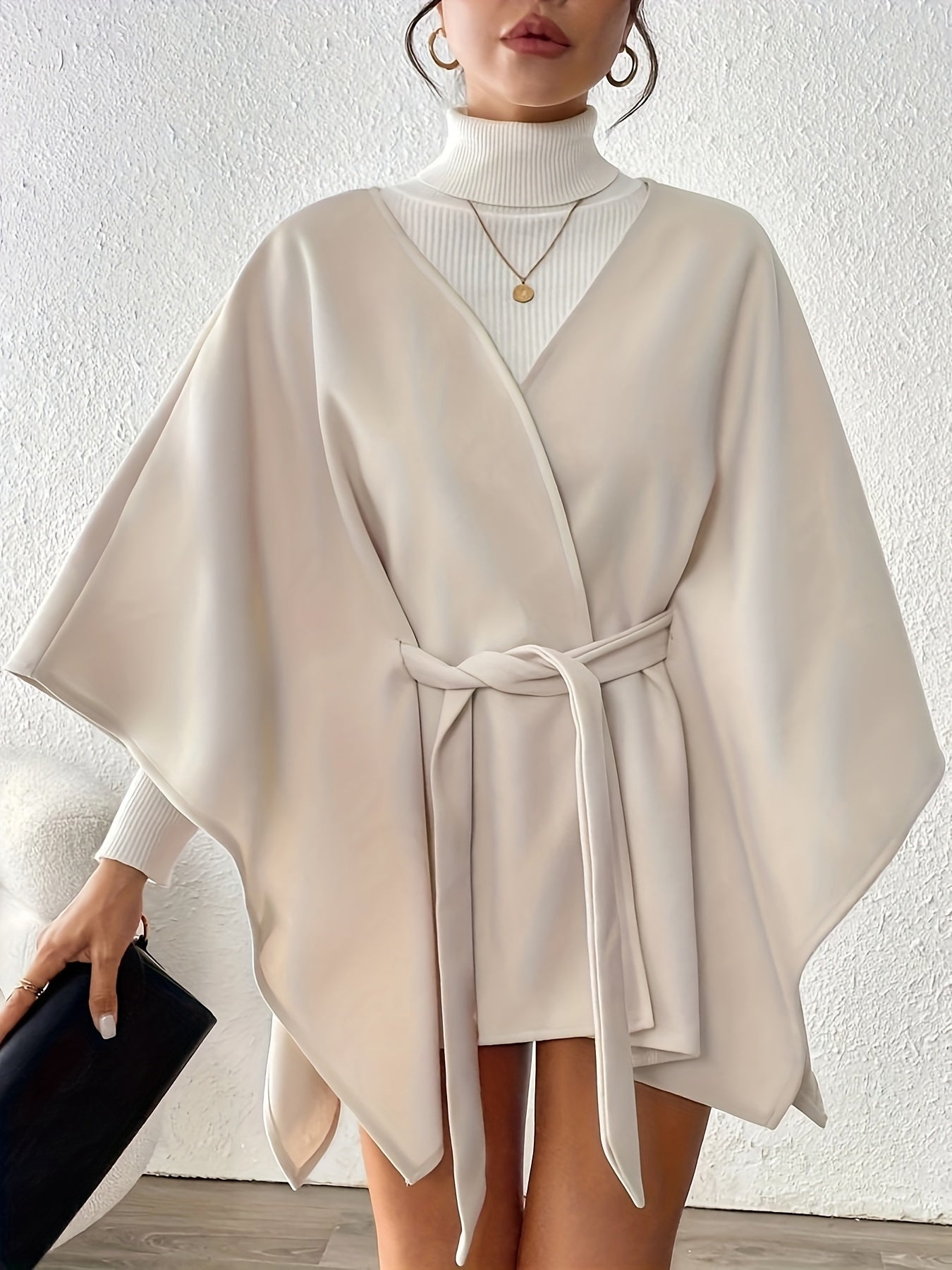 Women's Beige Lace-Up Short Cape Coat - Structured Non-Stretch Machine-Washable Outerwear for Autumn Winter, Chic Commuting & Casual Outfits, Winter Cape Coat, Semiformal Attire, Elegant Design Detail