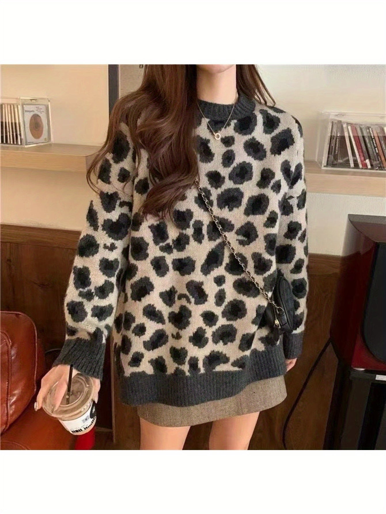 Women'S Leopard Print Sweater - Loose Fit Long Sleeve Pullover with Asymmetrical Hem, High-Stretch Round Neck Top for Spring\u002FFall, Casual Chic Style, Leopard Print Sweater