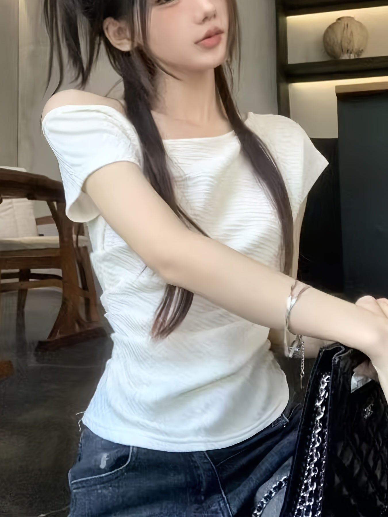 Women'S Off-Shoulder Ribbed Top - Y2K Style, Slim Fit, Short Sleeve, Solid Color, Lightweight & Breathable for Spring\u002FSummer Casual Wear, Spring Summer Apparel | Y2K Fashion | Glossy Texture