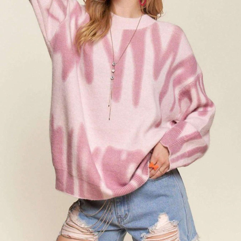 Womens Casual Pullover Sweater Chic Oversized Tie Dye Design Knit Top Fashion Loose Fit Round Neck Long Balloon Sleeve Fashion Street Style Pink Ombre Pattern Fall Winter Daily Wear