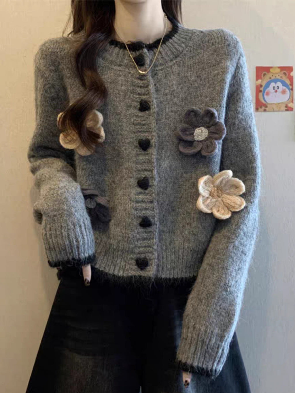 Women'S Elegant V-Neck Cardigan - Soft Gray Sweater with Floral Embellishments, Long Sleeve, Button-Up Front, Perfect for Autumn\u002FWinter, Casual & Formal Wear, Sweater Cardigan