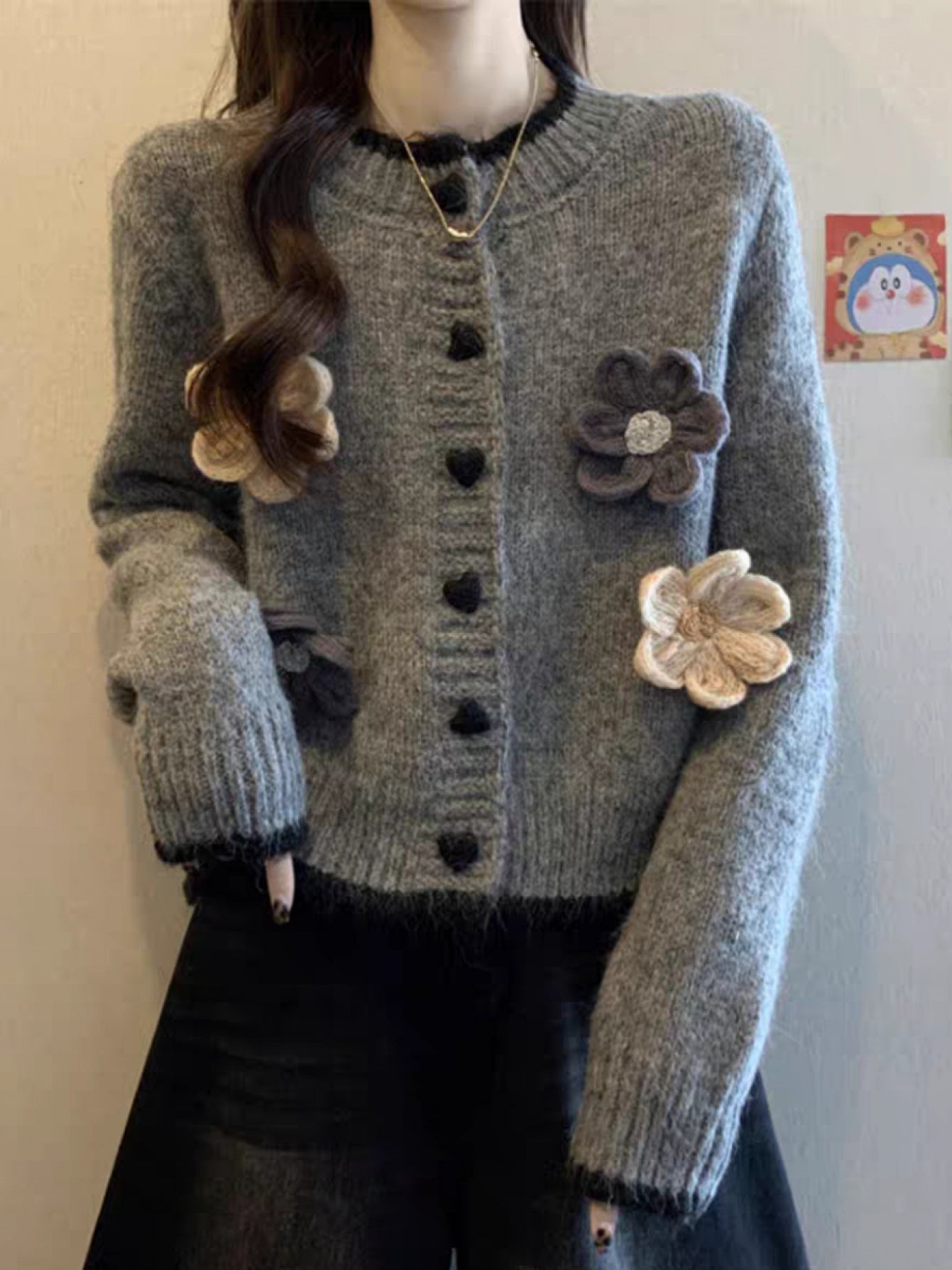 Women'S Elegant V-Neck Cardigan - Soft Gray Sweater with Floral Embellishments, Long Sleeve, Button-Up Front, Perfect for Autumn\u002FWinter, Casual & Formal Wear, Sweater Cardigan