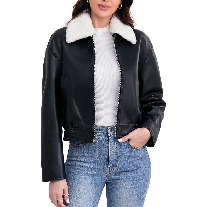 Leather Jacket WomenCropped Lambskin Bomber Jacket Removable Sherpa Collar Zip Front Elasticized Hem