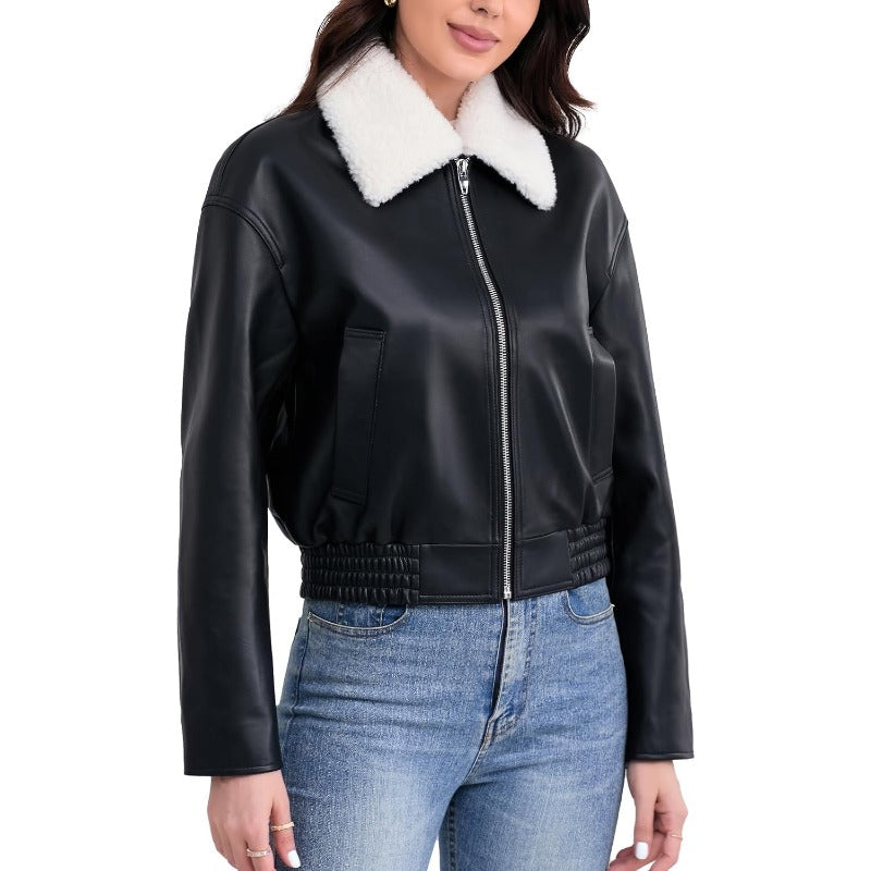 Leather Jacket WomenCropped Lambskin Bomber Jacket Removable Sherpa Collar Zip Front Elasticized Hem