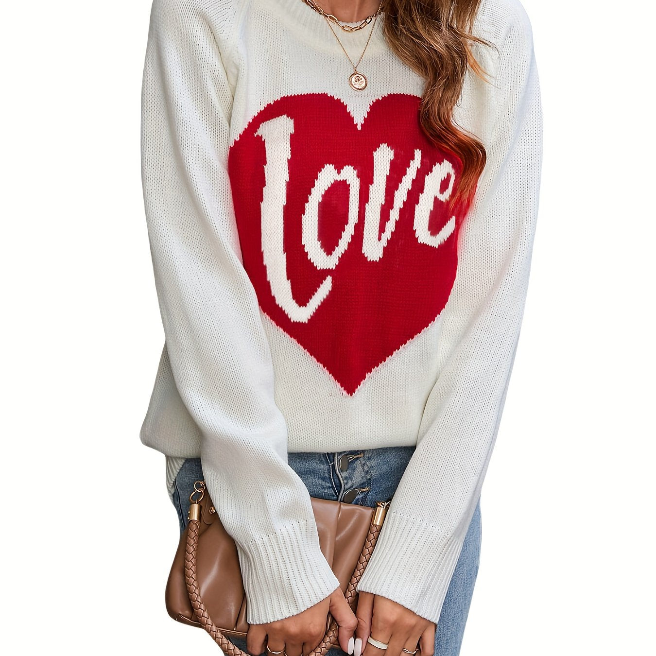1pc Vintage Style Women'S Knit Sweater with Heart-Shaped \