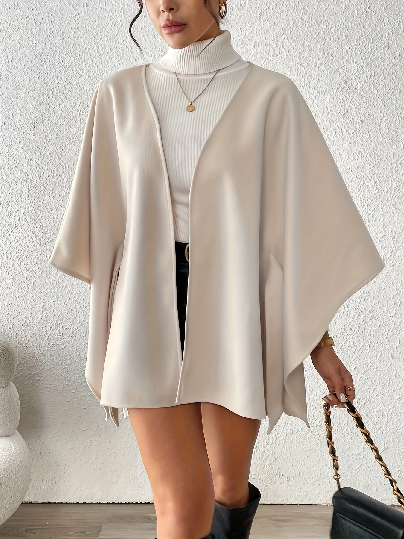 Women's Beige Lace-Up Short Cape Coat - Structured Non-Stretch Machine-Washable Outerwear for Autumn Winter, Chic Commuting & Casual Outfits, Winter Cape Coat, Semiformal Attire, Elegant Design Detail
