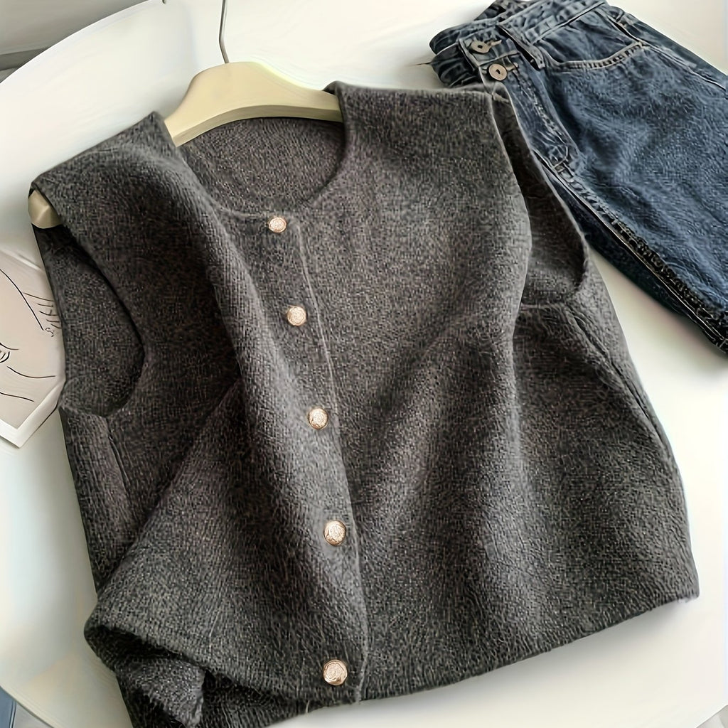 Women'S Chic Cardigan Vest - Button-Up Sleeveless Pullover with Ribbed Texture, Dark Gray, Perfect for Spring\u002FSummer\u002FFall, Casual Wear, Casual Wear Vest | Buttonup Cardigan | Construction, Cardigan Vest