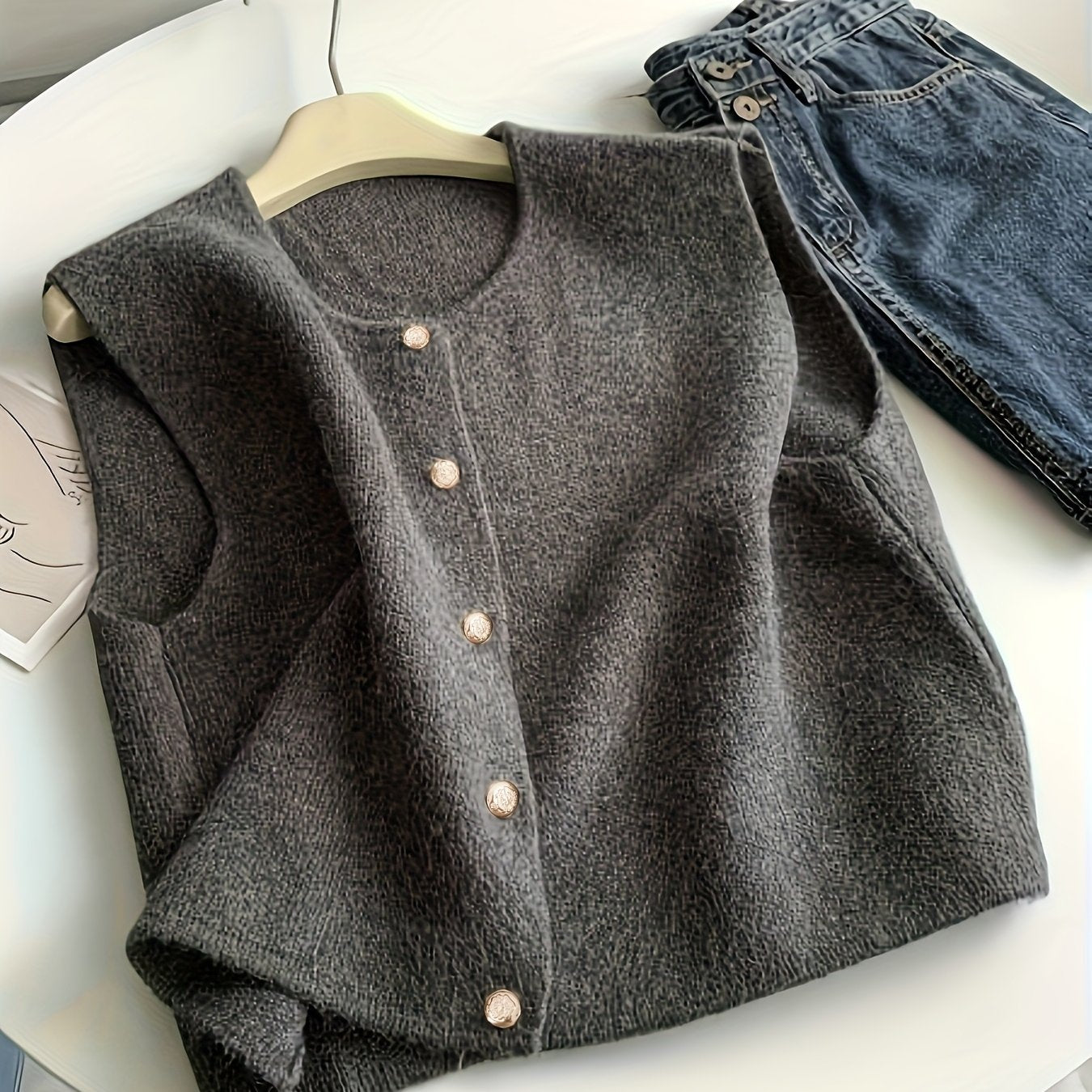 Women'S Chic Cardigan Vest - Button-Up Sleeveless Pullover with Ribbed Texture, Dark Gray, Perfect for Spring\u002FSummer\u002FFall, Casual Wear, Casual Wear Vest | Buttonup Cardigan | Construction, Cardigan Vest