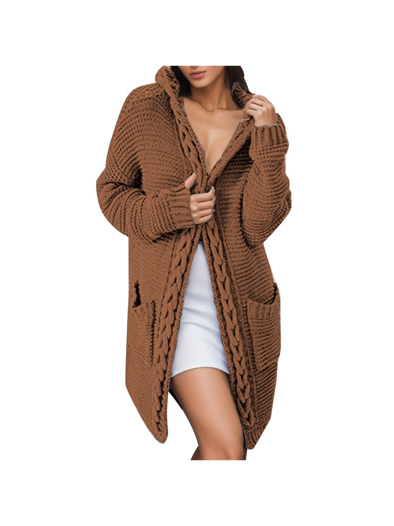 Women'S Elegant Cable Hooded Cardigan - Long Sweater Coat with Pockets, Brown, Cozy Fall\u002FWinter Outerwear, Stylish Layering Piece for Casual or Formal Outfits, Sweater Cardigan