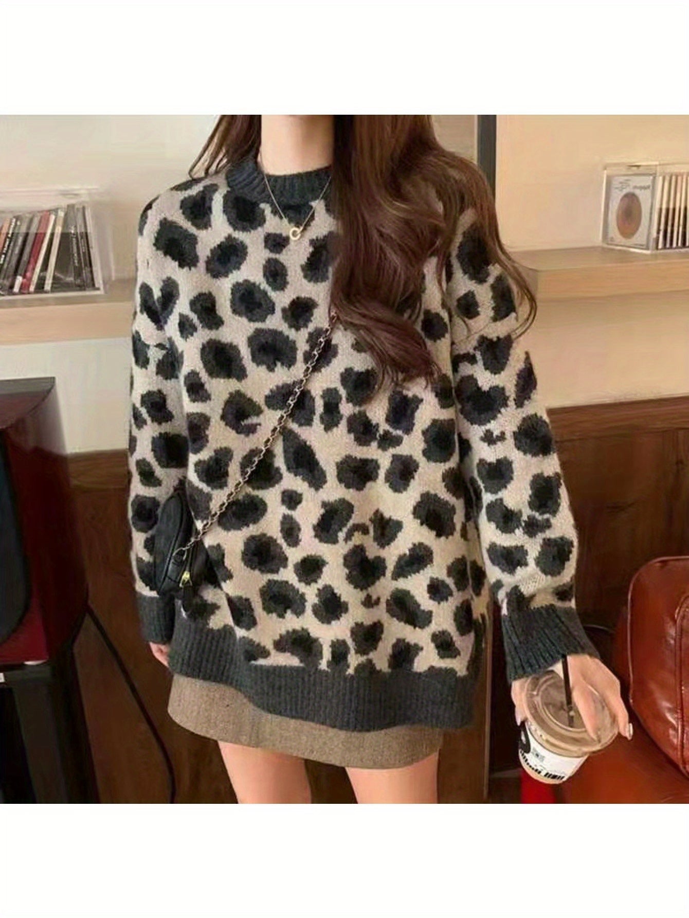 Women'S Leopard Print Sweater - Loose Fit Long Sleeve Pullover with Asymmetrical Hem, High-Stretch Round Neck Top for Spring\u002FFall, Casual Chic Style, Leopard Print Sweater