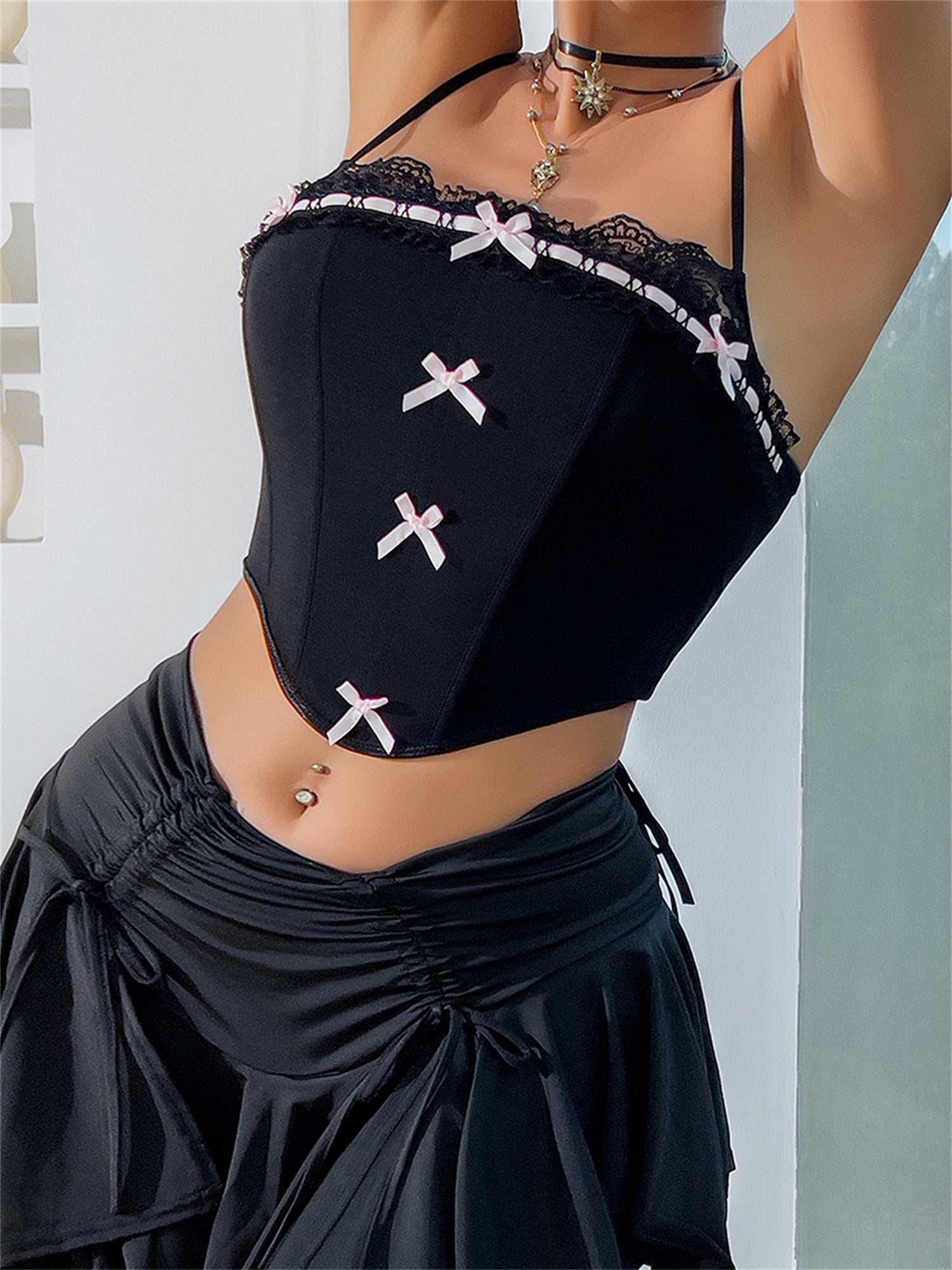 Women'S Sexy Off-Shoulder Lace Trim Camisole Top with 3D Bow Detail - Square Neck Spaghetti Strap Crop Bustier, Black Casual Streetwear for Spring\u002FFall, Spring Fashion | Offshoulder Fashion | Spaghetti Straps