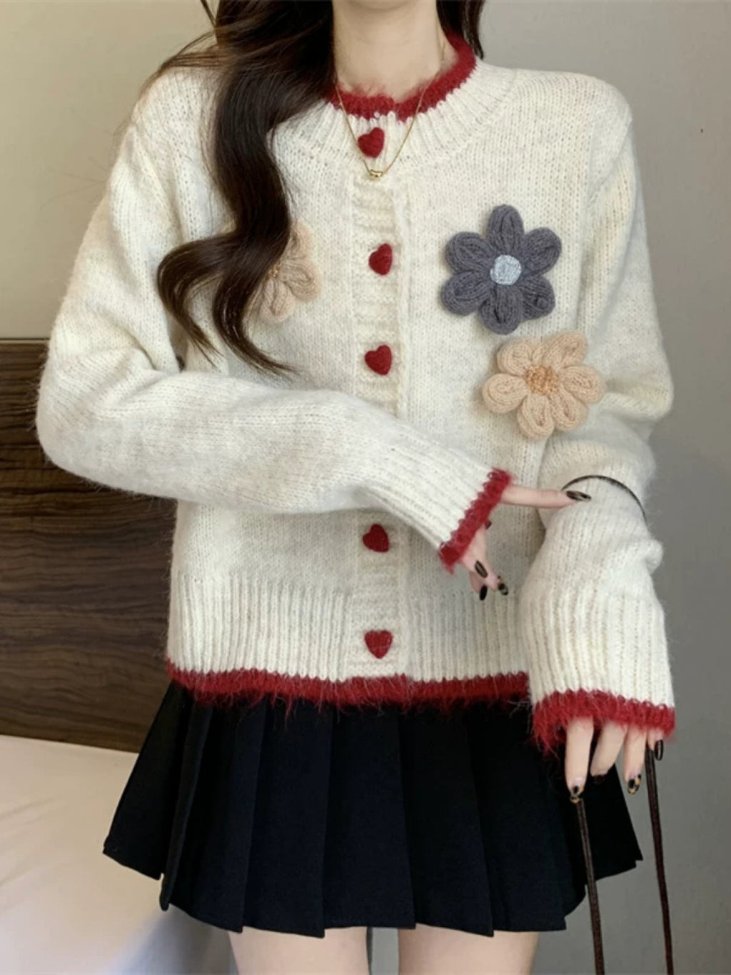 Women'S Elegant V-Neck Cardigan - Soft Gray Sweater with Floral Embellishments, Long Sleeve, Button-Up Front, Perfect for Autumn\u002FWinter, Casual & Formal Wear, Sweater Cardigan