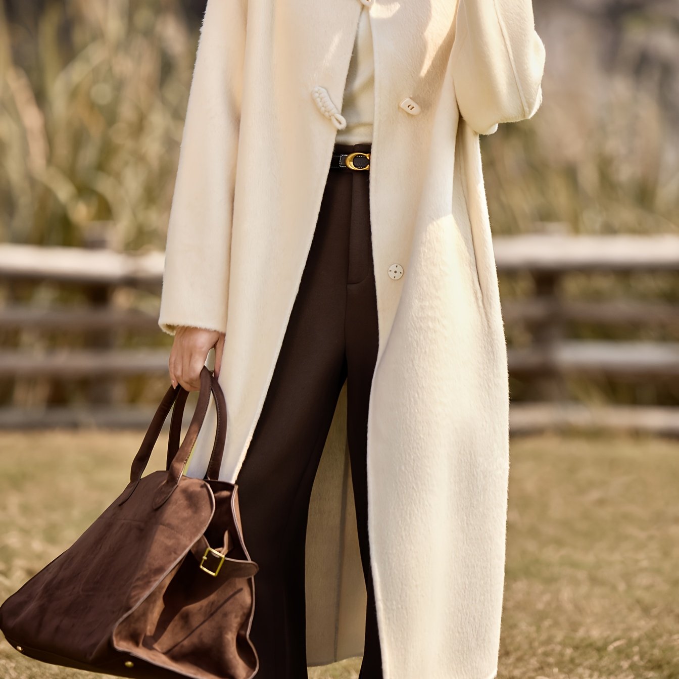 Women's Winter Tweed Coat - Long Alpaca Coat with Pockets, H-Silhouette Regular Fit, Dry Clean Only Elegant Outerwear