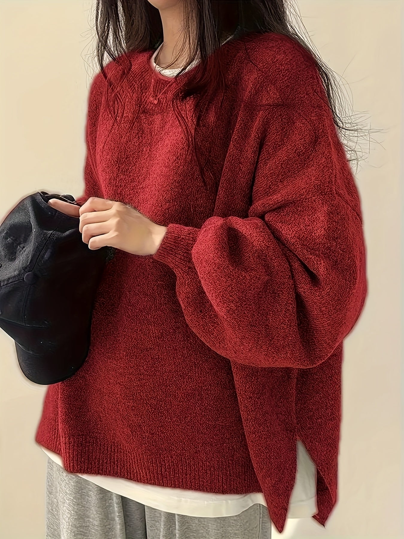 Women'S Casual Crew Neck Sweater with Side Slit - Soft Red Pullover, Long Sleeve, All-Season Comfort, Casual Wear | Side Slit Sweater | Construction, Sweater Dress