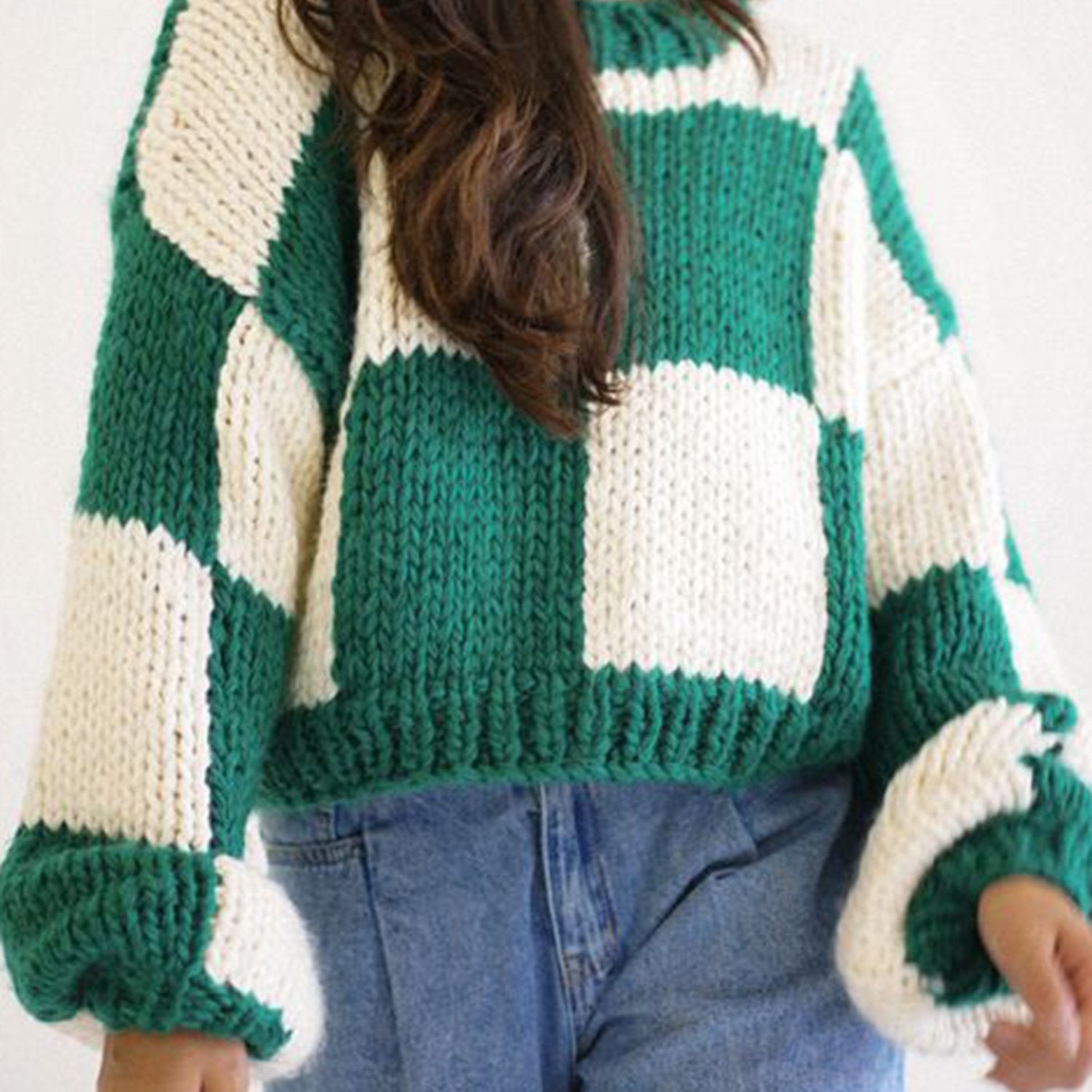 1pc Women'S Cozy Plaid Knit Sweater - Casual Round Neck Long Sleeve Pullover, Polyester Warm Christmas Pattern, Autumn\u002FWinter Basic Knitwear