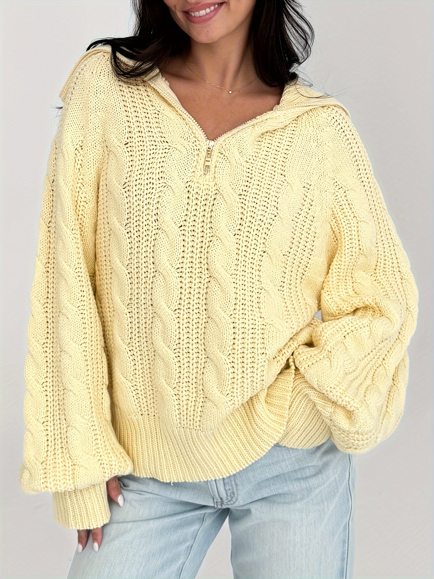 1pc Women'S Casual Cotton Cable Knit Sweater - Fall\u002FWinter Solid Color Long Sleeve Pullover with Sailor Collar and Zipper Detail